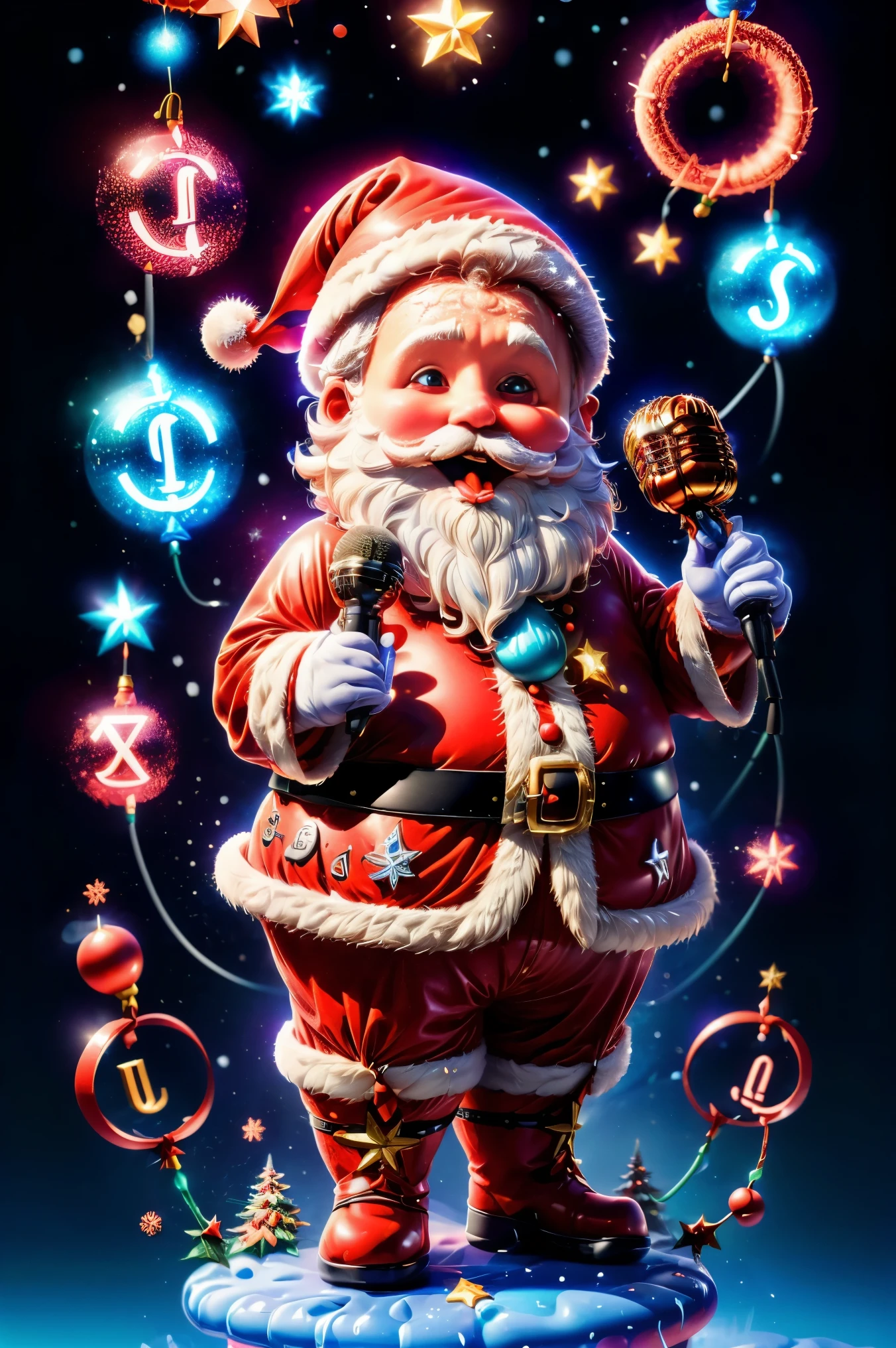 ((1 cute Santa Claus))，((Singing with a microphone)), (((Many syllable symbols are floating in the air)))，Christmas elements，Snowy days，8K, Irridescent color, vivd colour，Blacklight,