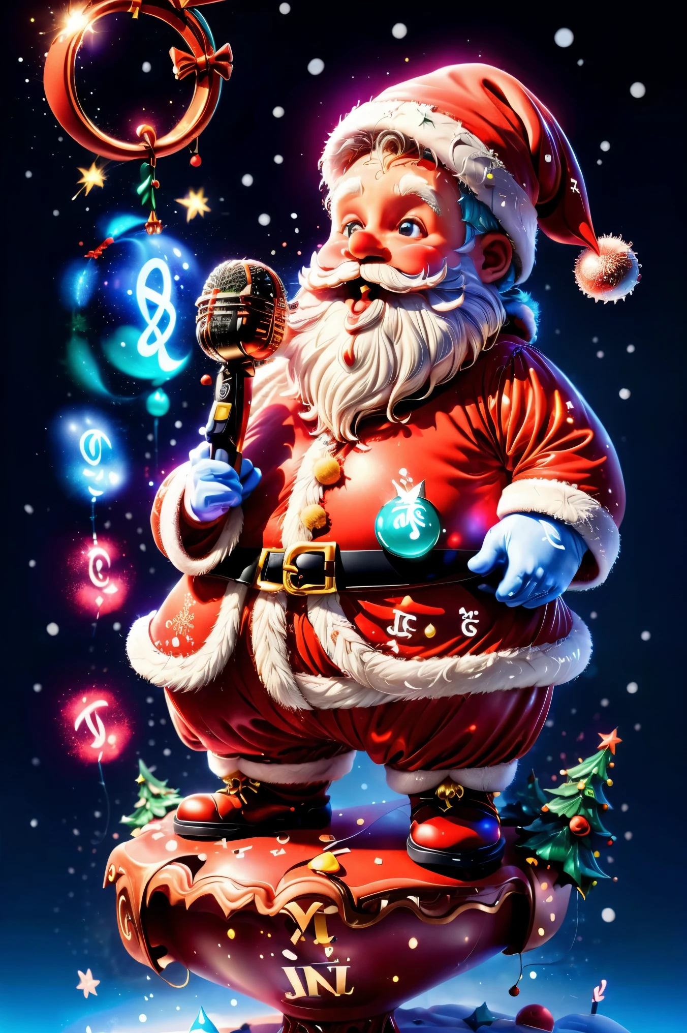 ((1 cute Santa Claus)),((Singing with a microphone)), (((Many syllable symbols are floating in the air))),Christmas elements,Snowy days,8K, Irridescent color, vivd colour,Blacklight,