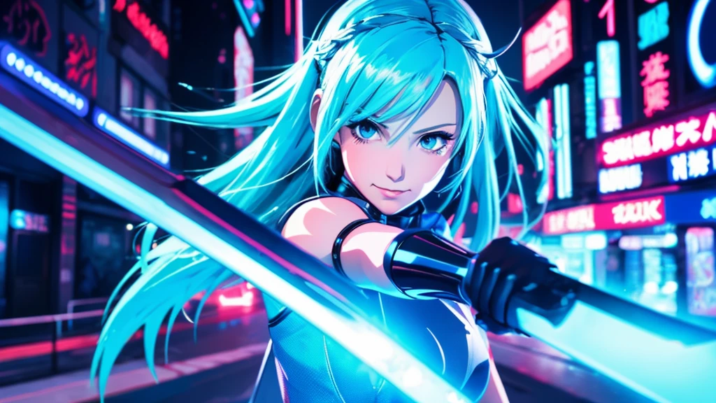 A beautiful girl with light blue hair in an animated and lively cyberpunk style is holding a sword.、pc wallpaper