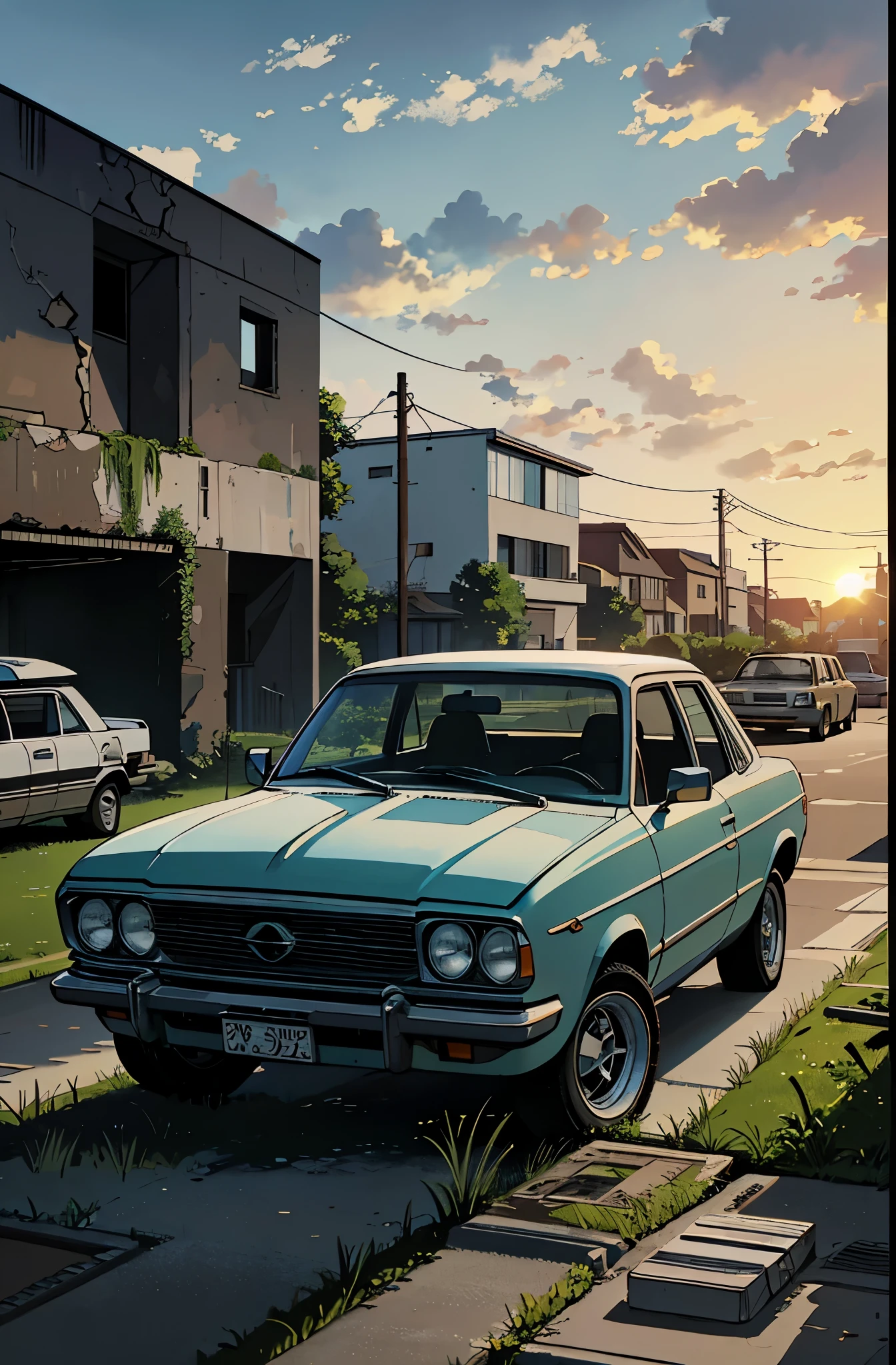 Car Cemetery, muitos carros. Patio with grass. abandoned buildings, carros abandonados, Greenery next to buildings, sun sunset. manga-style (Preto e branco).