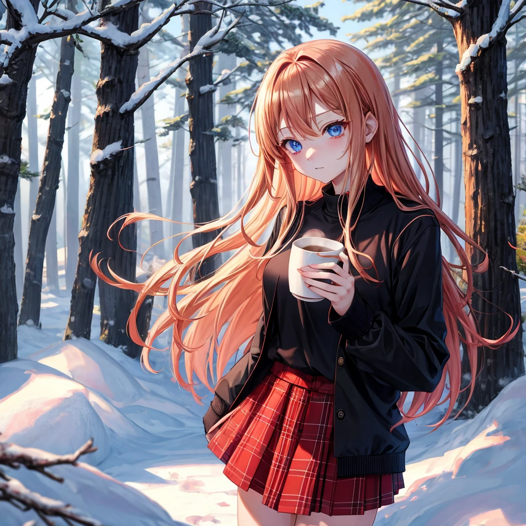 red blonde、blue eyess、one good looking girl、独奏、animesque、Plaid miniskirt、Black T-shirt、coat、the woods、Sunlight、Looks cold、Snow is piled up、drinking steaming tea