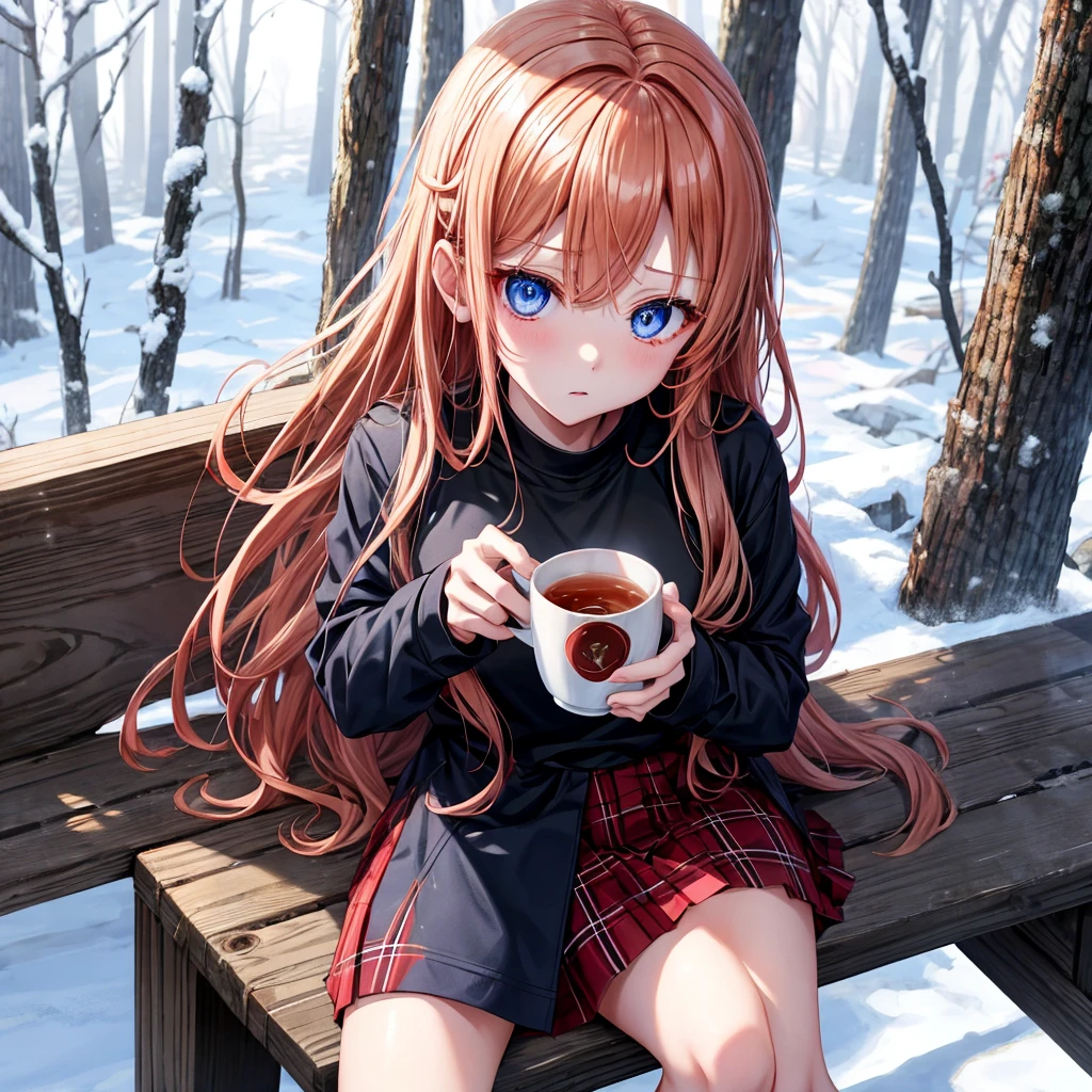 red blonde、blue eyess、one good looking girl、独奏、animesque、Plaid miniskirt、Black T-shirt、coat、the woods、Sunlight、Looks cold、Snow is piled up、drinking steaming tea