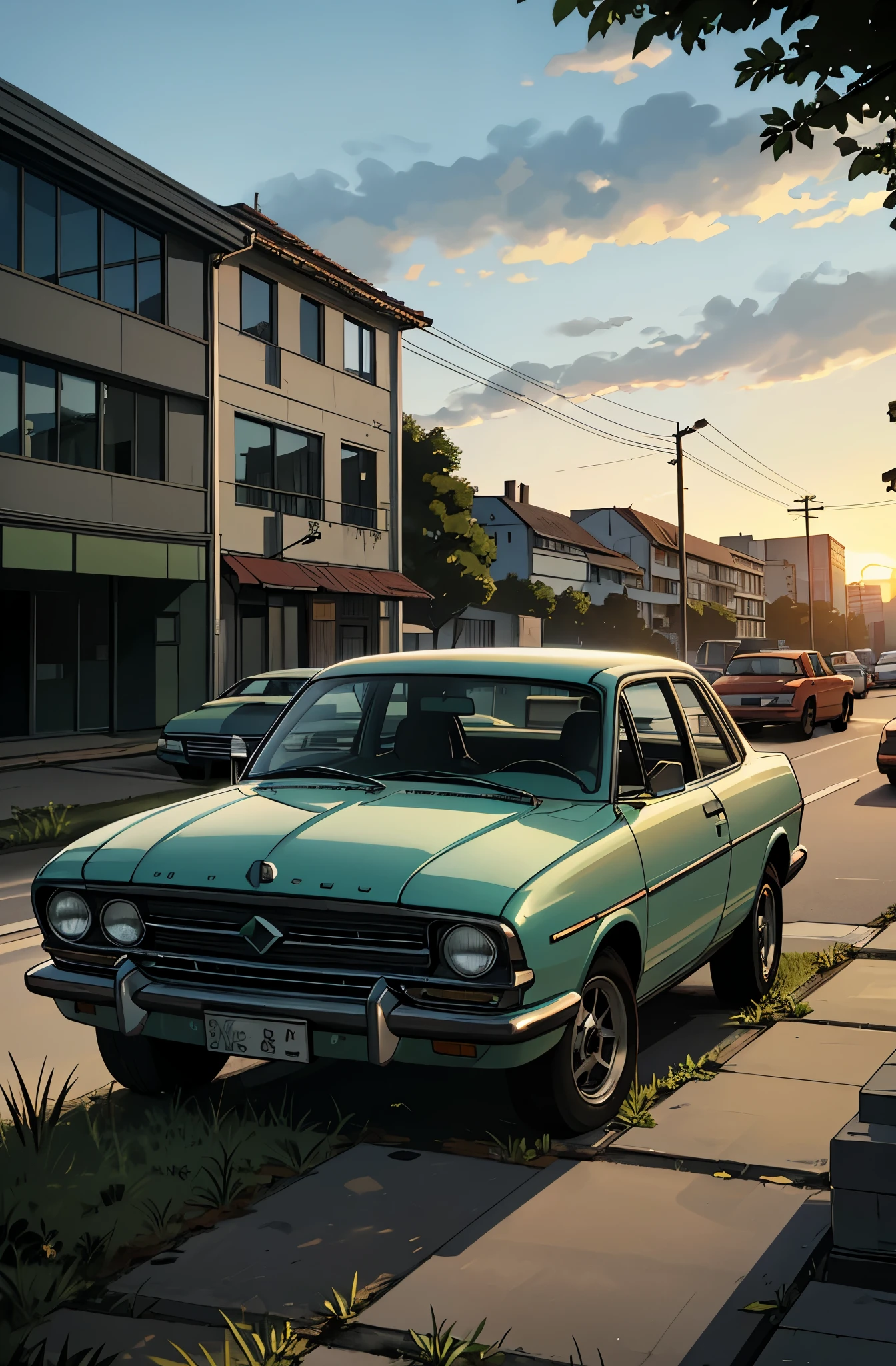 Car Cemetery, muitos carros. Patio with grass. abandoned buildings, carros abandonados, Greenery next to buildings, sun sunset. manga-style (Preto e branco).