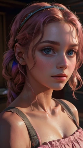 8K, Best Quality, Masterpiece, Ultra High Resolution, (Realism: 1.4), Original Photo, (Realistic Skin Texture: 1.3), (Film Grain: 1.3), (Selfie Angle), 1 Girl, Pink Clothes, Sapphire Color Eyes and Beautiful Face Details, Masterpiece, Best Quality, Close Up, Upper Body