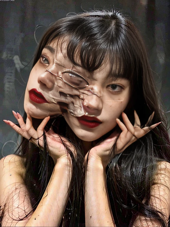 Realistic photography, wine angle view,1Japanese woman,Long black hair,There are 2 faces stuck together in one body.,nighttime,Scary,frightful, nsfw