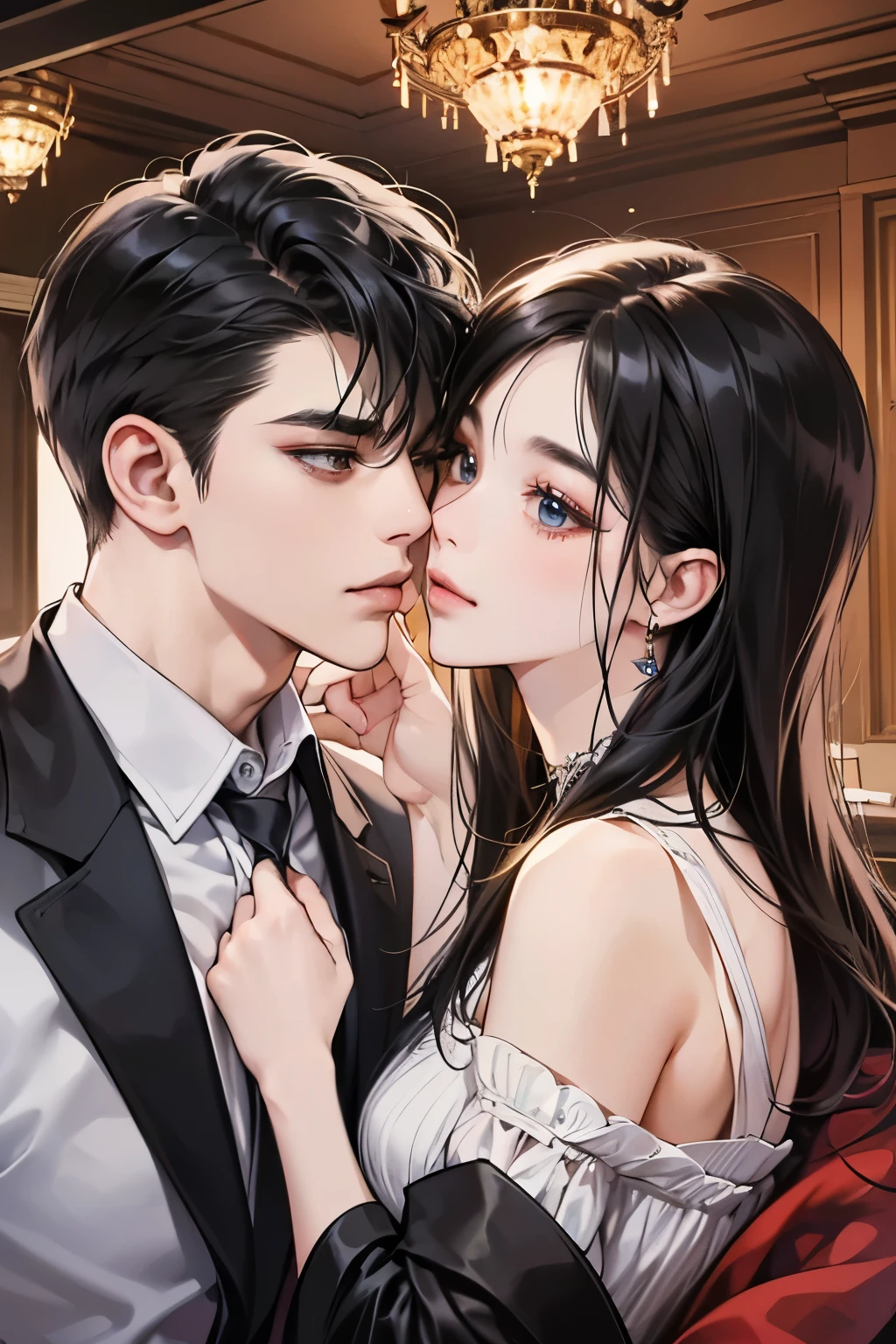 (masutepiece, Digital Art, Digital Illustration, 4K, 8K, Ultra-detailed, beautiful image, Sharp Image, Photorealistic, Raw photo, Perfect face, Perfect lines, Perfect eyes, Soft lighting) 1 woman, (Long Black Hair,straight haired,Bullish gaze,Beautie,Woman in suit,Solid makeup,23 y-o woman,small tits:1.3),Secretary, Two handsome embers in suits, (ember,Ember sex is in a suit,well-muscled,Firm shoulder width, ember saw,Boyish hairstyle,English gentlemanly style,30's ember with a cool expression,28 year old ember with a bright smile:1.2),Office scene at night,Antique furnishings,Antique Clamps,Antique chair,chandeliers,Parti、a couple、couple kissing、kiss、the kiss、Antique furnishings