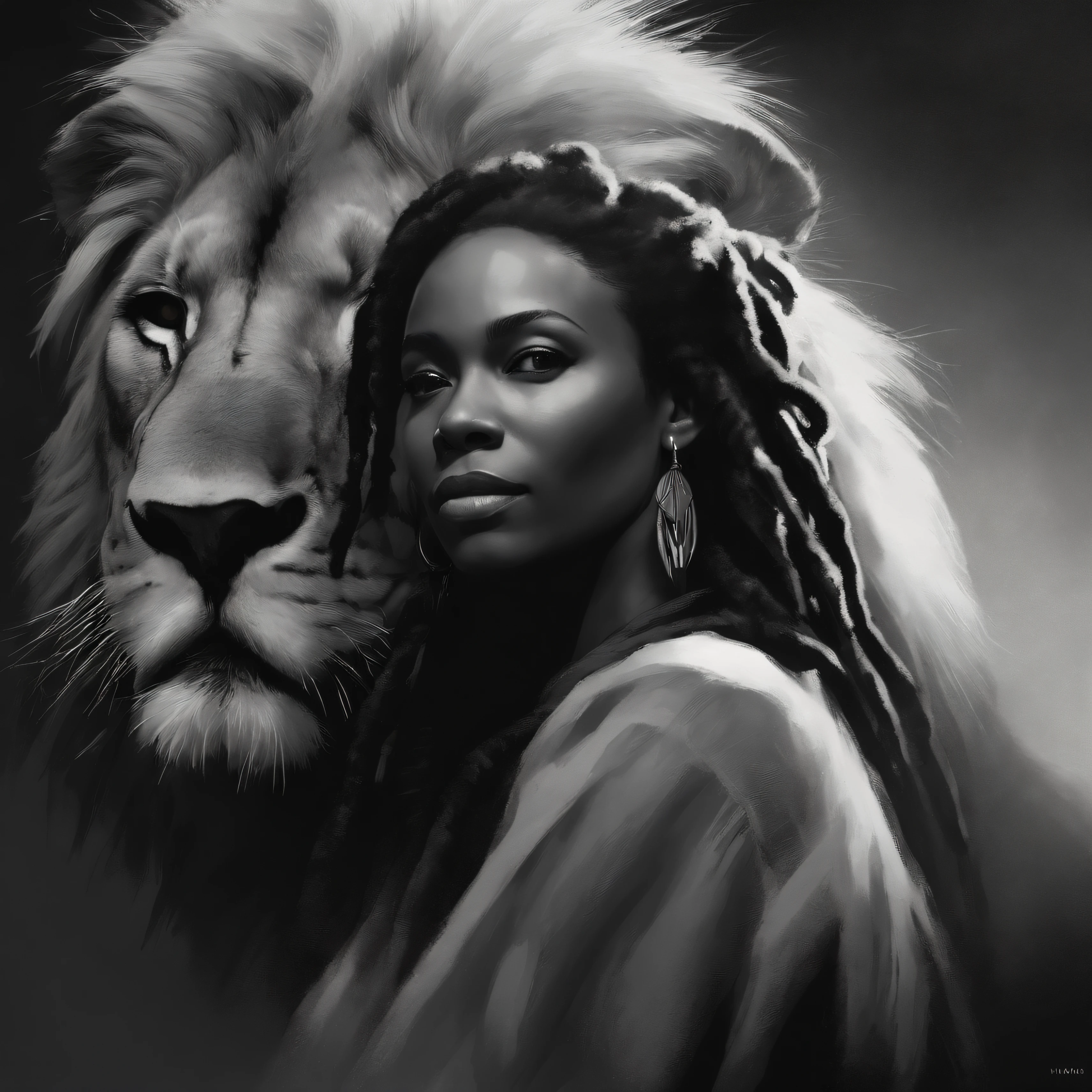 an image of a black woman with dreadlocks next to a lion , Nenhum estilo de Russ Mills, Michael Garmash, charming sketches, mono-ha, Contemporary Asian art, Lilia Alvarado, Pincelada concisa --AR 69:128 --s 750 --V 5. 2