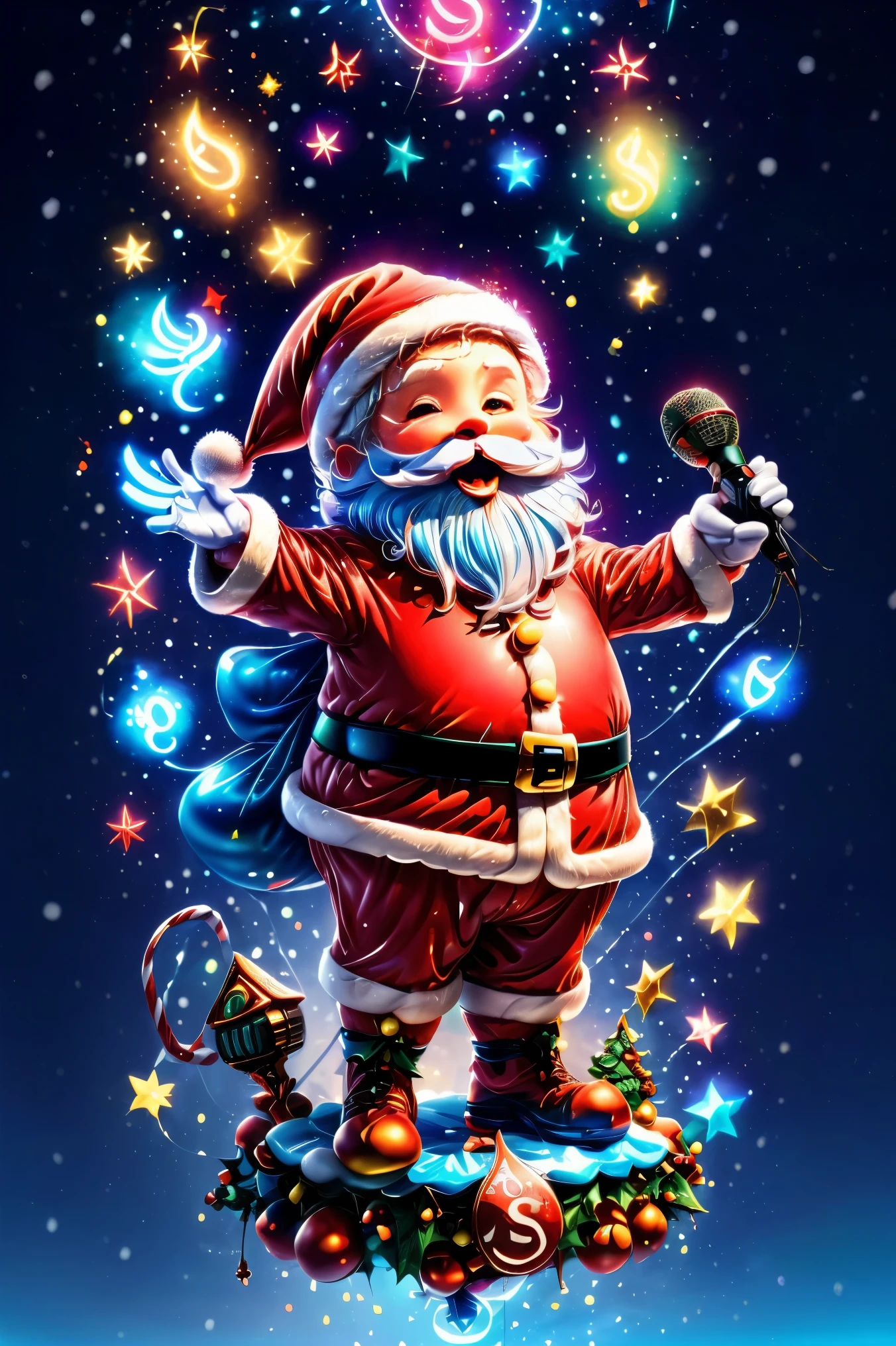 ((1 cute Santa Claus))，((Singing with a microphone)), (((Many syllable symbols are floating in the air)))，Christmas elements，Snowy days，8K, Irridescent color, vivd colour，Blacklight,