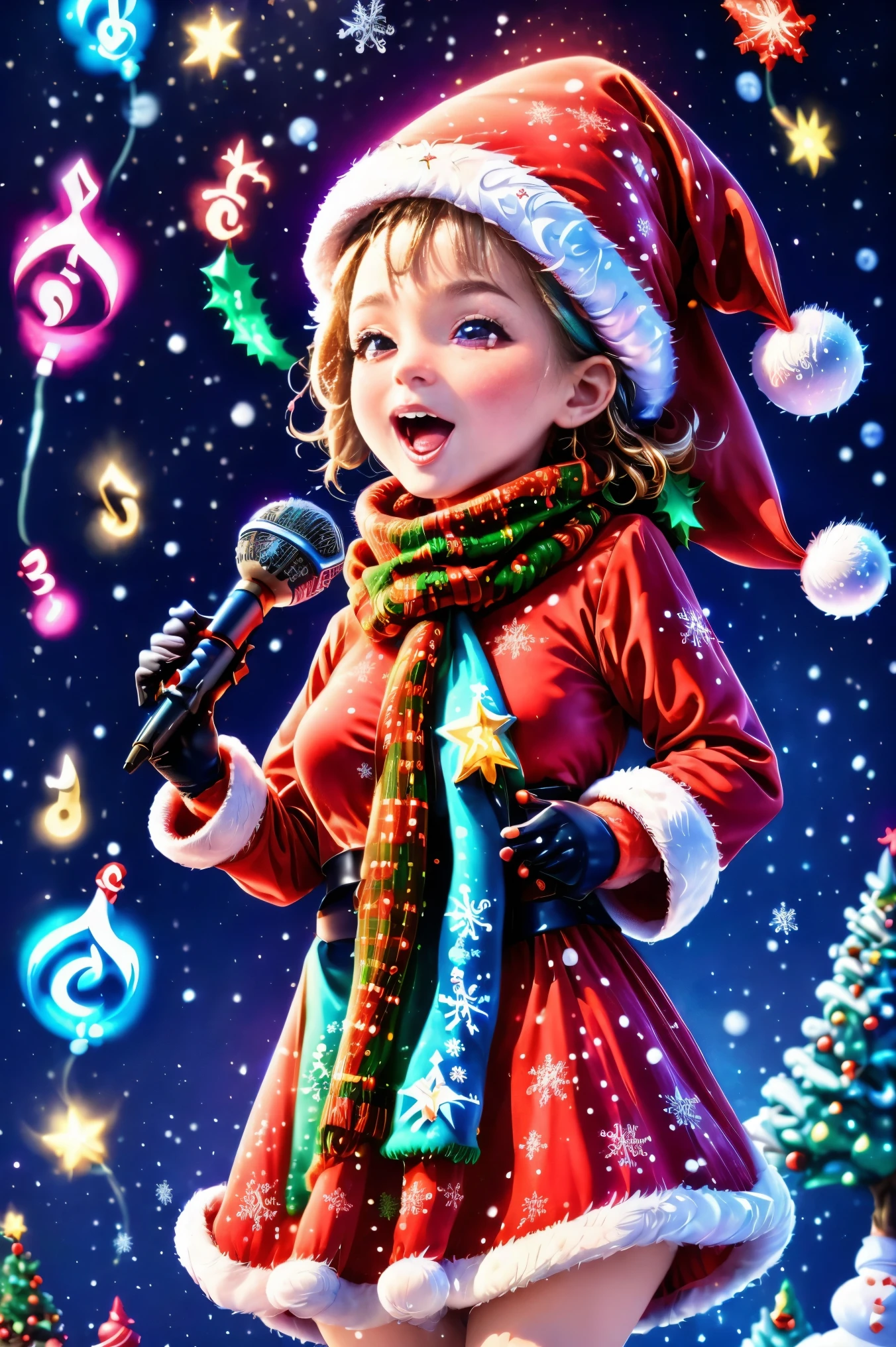 ((1 cute christmas girl))，((Singing with a microphone)), (((Many syllable symbols are floating in the air)))，Christmas elements，Snowy days，8K, Irridescent color, vivd colour