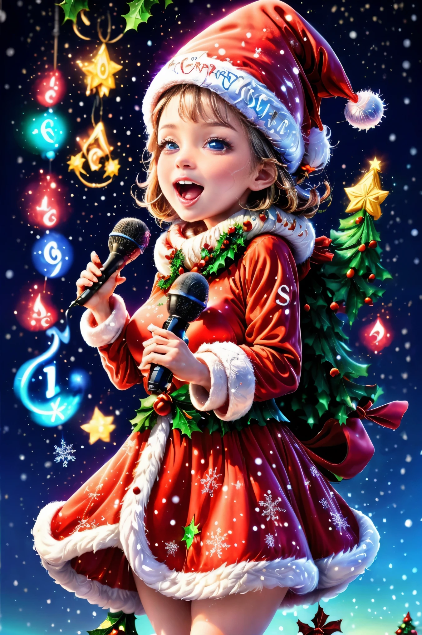 ((1 cute christmas girl))，((Singing with a microphone)), (((Many syllable symbols are floating in the air)))，Christmas elements，Snowy days，8K, Irridescent color, vivd colour