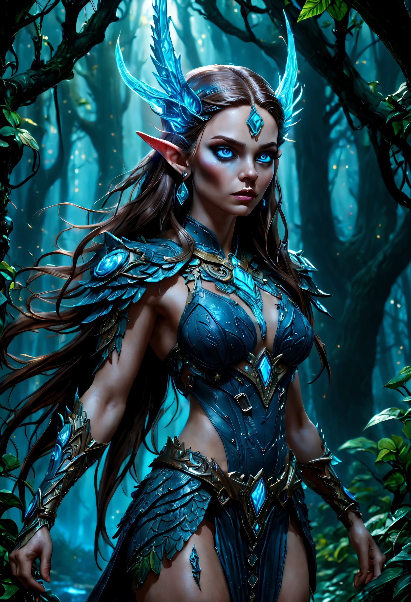 high details, best quality, 16k, [ultra detailed], masterpiece, best quality, (extremely detailed), drkfntasy, blacklight makeup dynamic angle, ultra wide shot, RAW, photorealistic, fantasy art, realistic art, a female elf druid  (intricate details, Masterpiece, best quality: 1.5) in a jungle, a female elf wearing leather clothes  intricate details, Masterpiece, best quality: 1.4), leather boots, thick hair, long hair, brown hair, intense blue eyes, small pointes ears, vibrant jungle (intense details) glowing particle, plenty of plant life, glowing vines coming from trees glowing particle,  many jungle trees (1.3 intricate details, Masterpiece, best quality), vines, a river flowing, light reflected in the water, sun light, dynamic light. dynamic angle, (intricate details, Masterpiece, best quality: 1.5) , 2.5 rendering, high details, best quality, highres, ultra wide angle