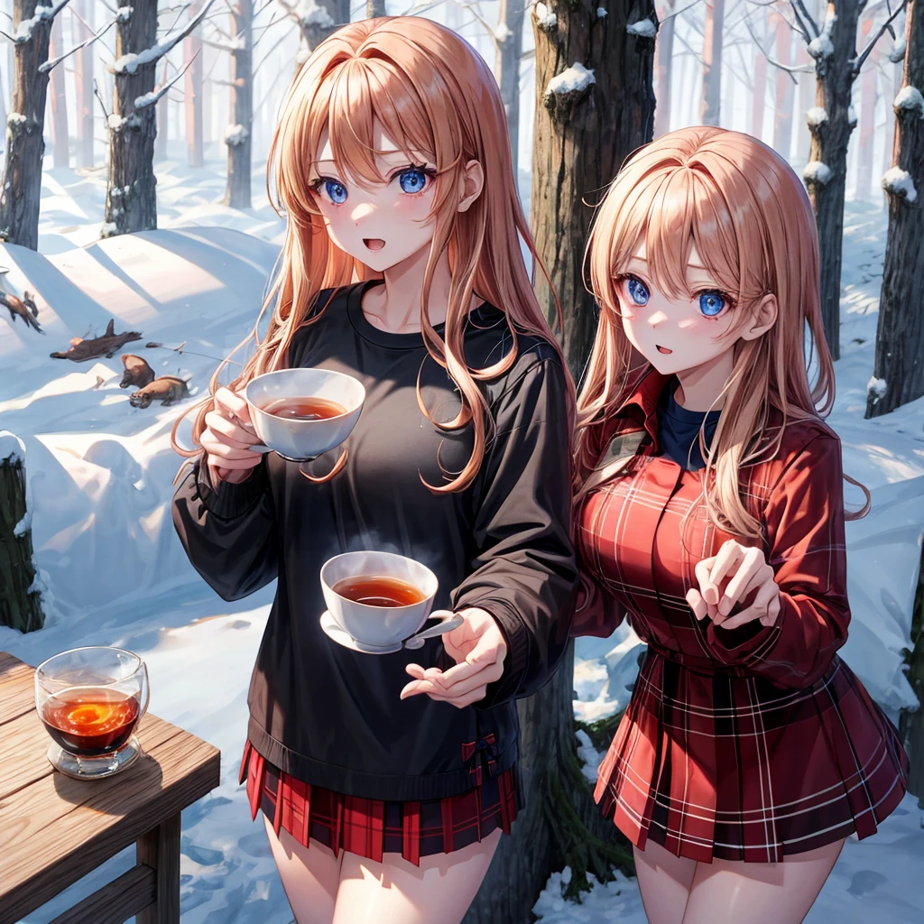red blonde、blue eyess、one good looking girl、独奏、animesque、Plaid miniskirt、Black T-shirt、coat、the woods、Sunlight、Looks cold、Snow is piled up、drinking steaming tea