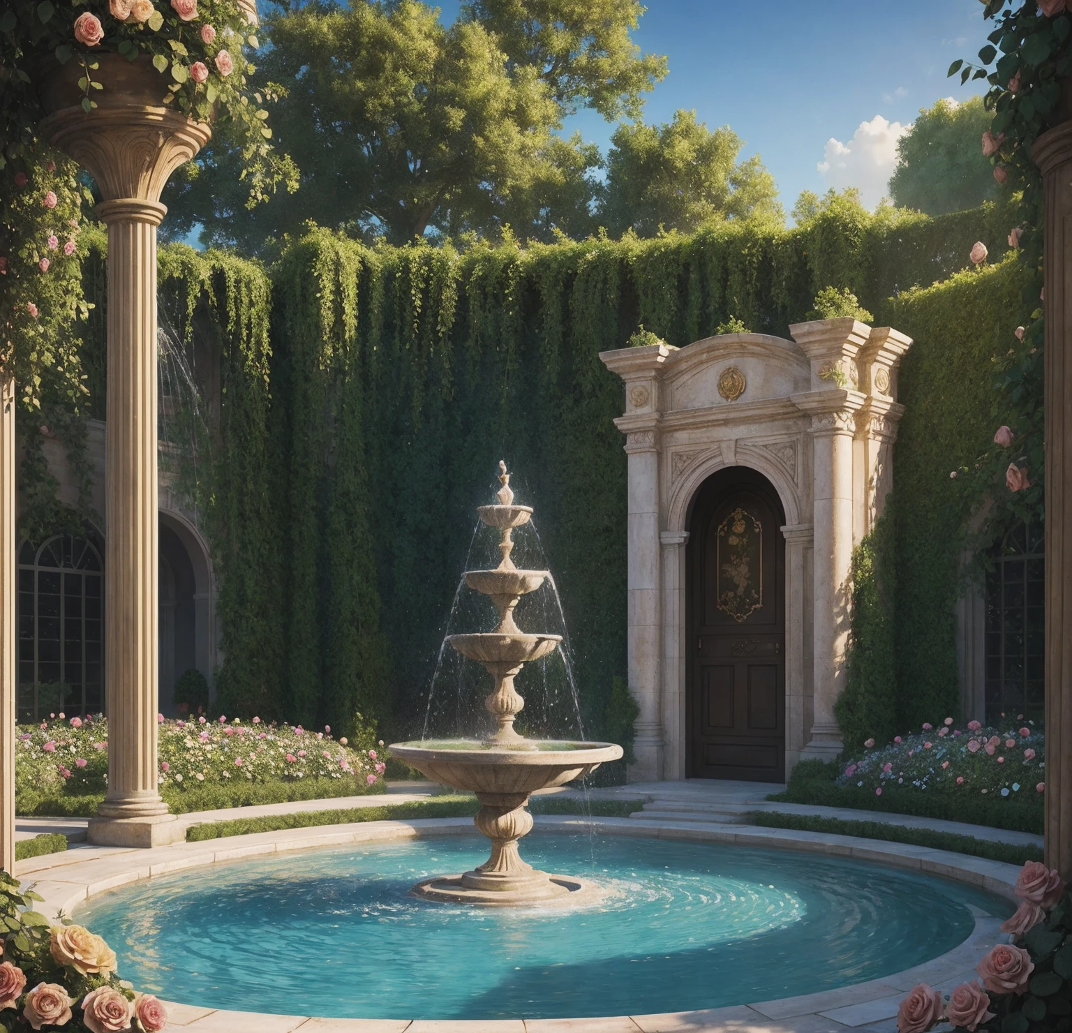 There is a garden,There are fountains and flowers, Portal made of golden roses, romantic art style, landscape artwork, A beautiful artistic illustration, Fountains and arches, royal garden background, Rose garden, beautiful artist rendering,