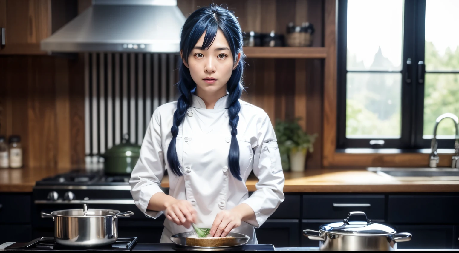 masterpiece, best quality, tadakoro megumi, twin braids, hairclip, chef uniform, long sleeves, white pants, surprised, stove, frying pan, kitchen, fire, cooking, blue hair, detailed face