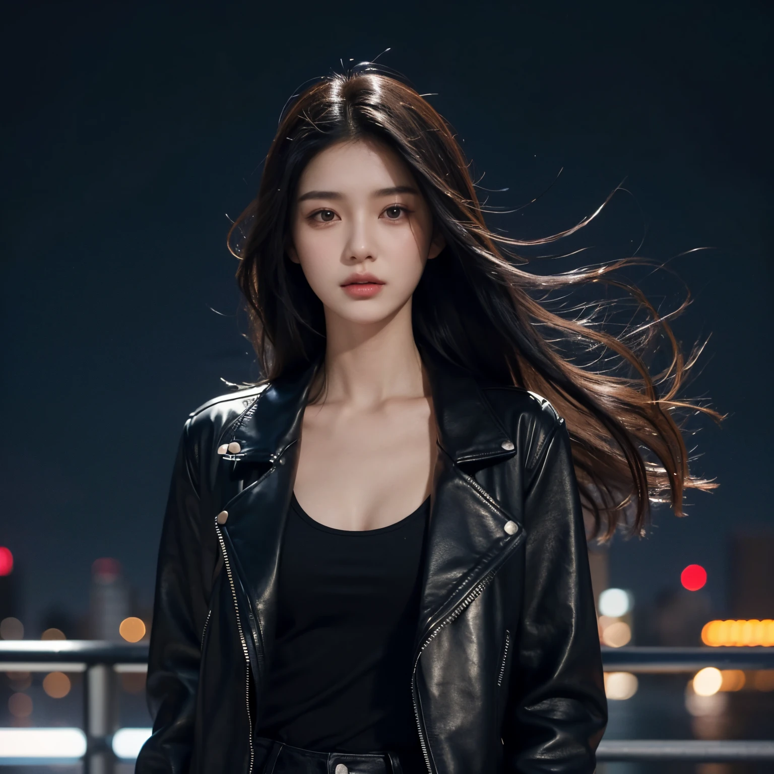 Girl 20 years old, Slender, medium chest size, Long black hair, floting hair, hairsh, Developing in the wind, Brown eyes, Looking straight ahead, wearing a black leather jacket, black fabric jeans, night city background, night time, a closeup of a,