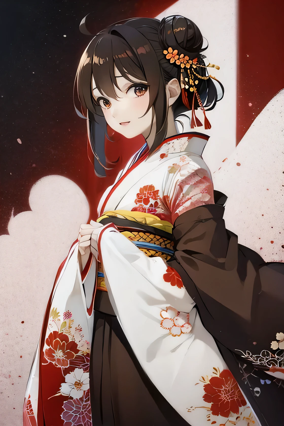 top-quality、High-quality illustrations、1 Japan Girl、Red kimono、A dark-haired、Pattsun bangs、Super Cute、White background、The upper part of the body、A dark-haired、Hair collection、Low steamed buns、View from oblique、Smiling、Hair bun