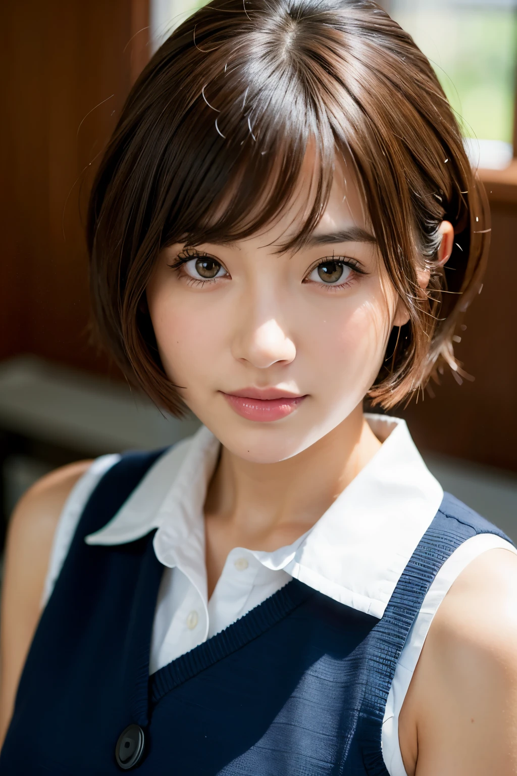 best quality, face focus, soft light, ultra high res, (photorealistic:1.4), RAW photo, 1japanese girl, solo, cute, (shy smile:0.5), (brown eyes, lights in the eyes), detailed beautiful face, (small chest),(high resolution detail of human skin texture), (short bob hair), BREAK, in classroom,navy school uniform, vest, skirt