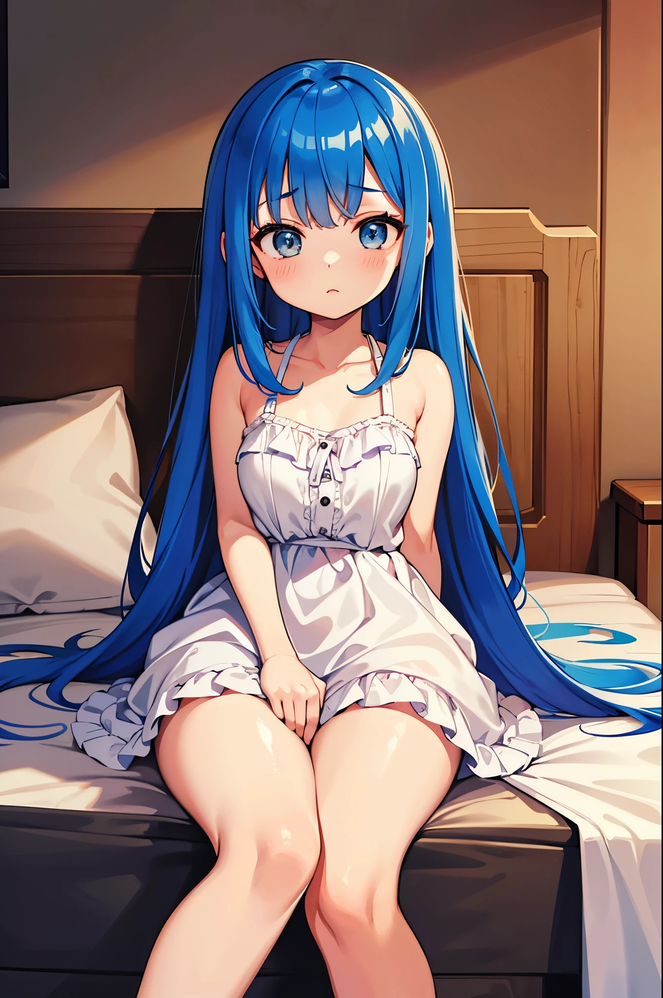 a women, blue hair, blue eyes, white dress