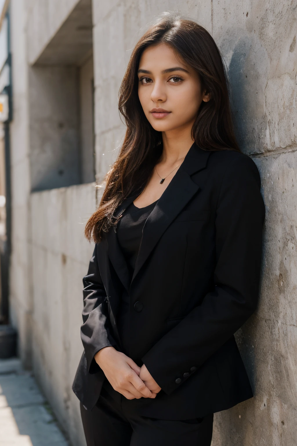 Beautiful ,23 years young girl healthy, confidential looking,8k,realistic,dark brown hair,fair skin, indian,long hair,clear facial features, wearing woman in black top and pants, girl in suit, wearing a black blazer, black outfit, girl in a suit, day light posing, background building wall