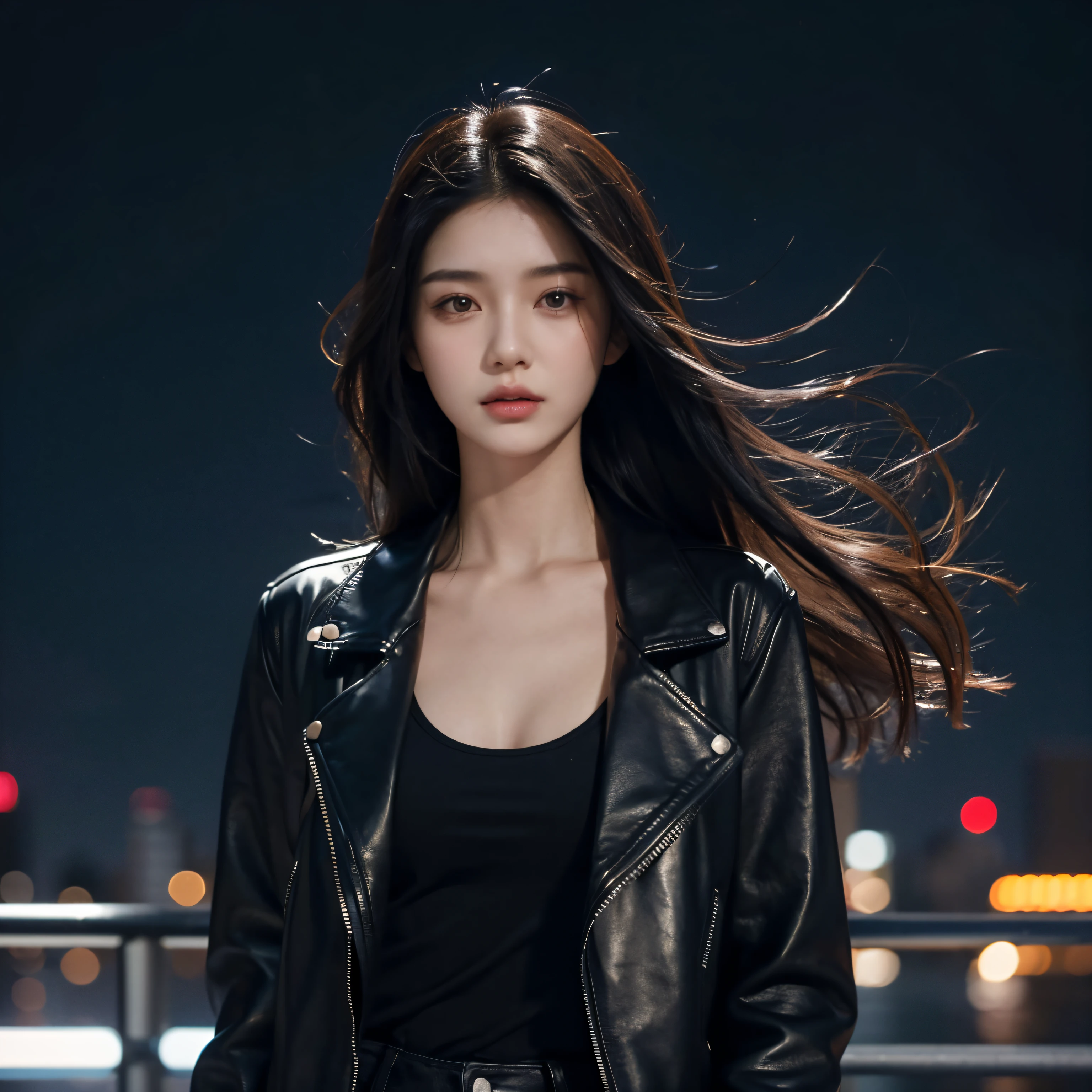 Girl 20 years old, Slender, medium chest size, длинные чëрные hairsh, Распущенные hairsh, hairsh, Developing in the wind, Brown eyes, Looking straight ahead, wearing a black leather jacket, black fabric jeans, night city background, night time, a closeup of a,