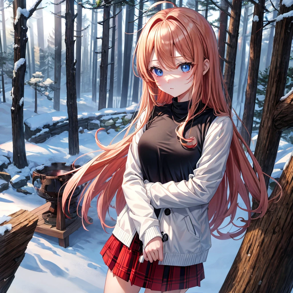 red blonde、blue eyess、one good looking girl、独奏、animesque、Plaid miniskirt、Black T-shirt、coat、the woods、Sunlight、Looks cold、Snow is piled up、drinking steaming tea