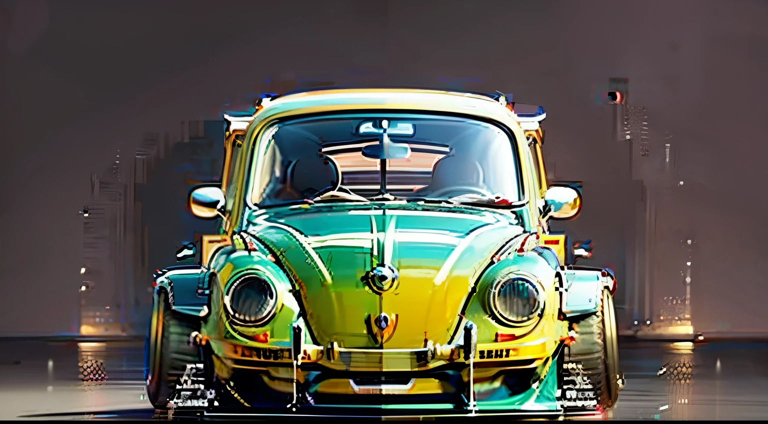 a meticulously detailed photorealistic of a futuistic custom hot rod VW Beetle with highly glossy paint and wide arch body kit and custom wheels showcased on a glossy white surface with a contrasting black background. in ultra sharp focus