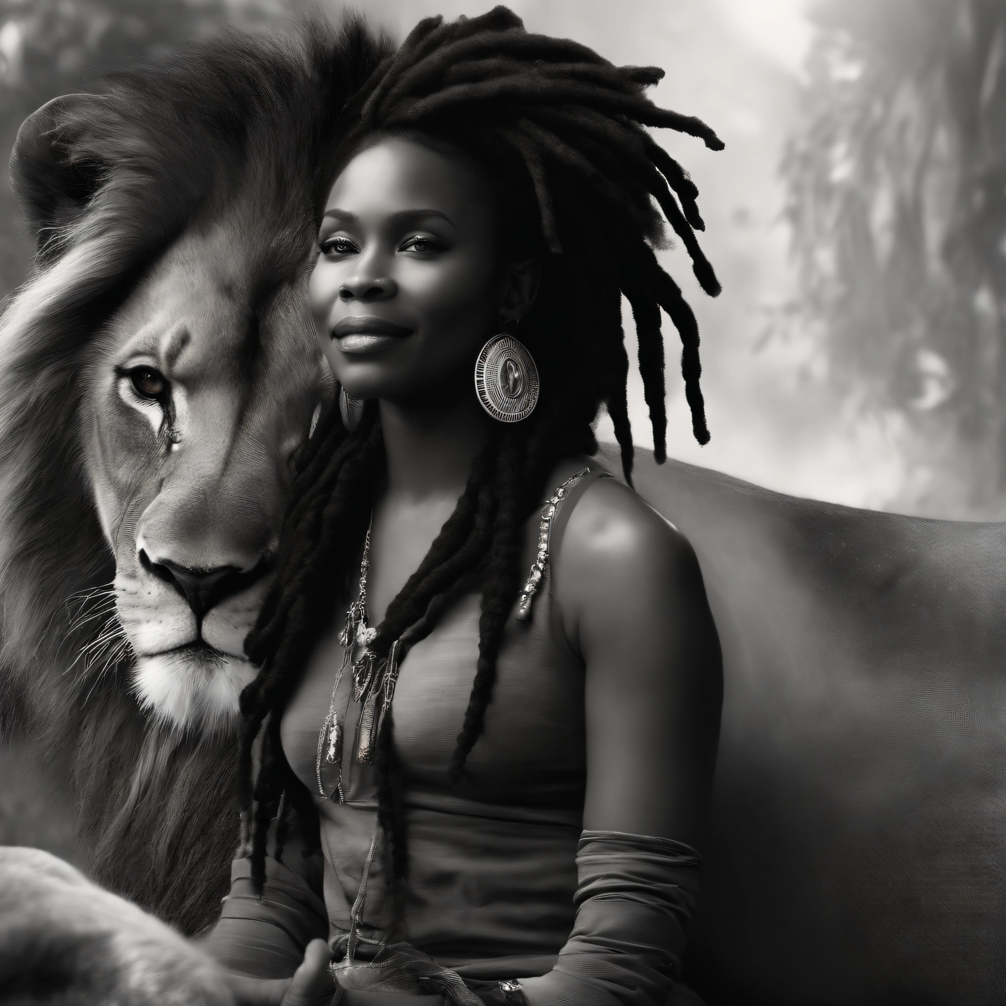 an image of a smiling black woman with dreadlocks next to a lion , fundo nas cores do reggae Nenhum estilo de Russ Mills, Michael Garmash, charming sketches, mono-ha, Contemporary Asian art, Lilia Alvarado, Pincelada concisa --AR 69:128 --s 750 --V 5. 2
