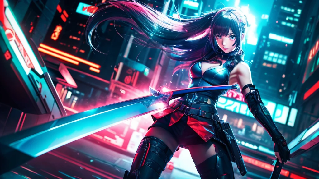 A beautiful anime-style, lively cyberpunk-style girl holds a sword.、Computer wallpaper based on red, green and blue