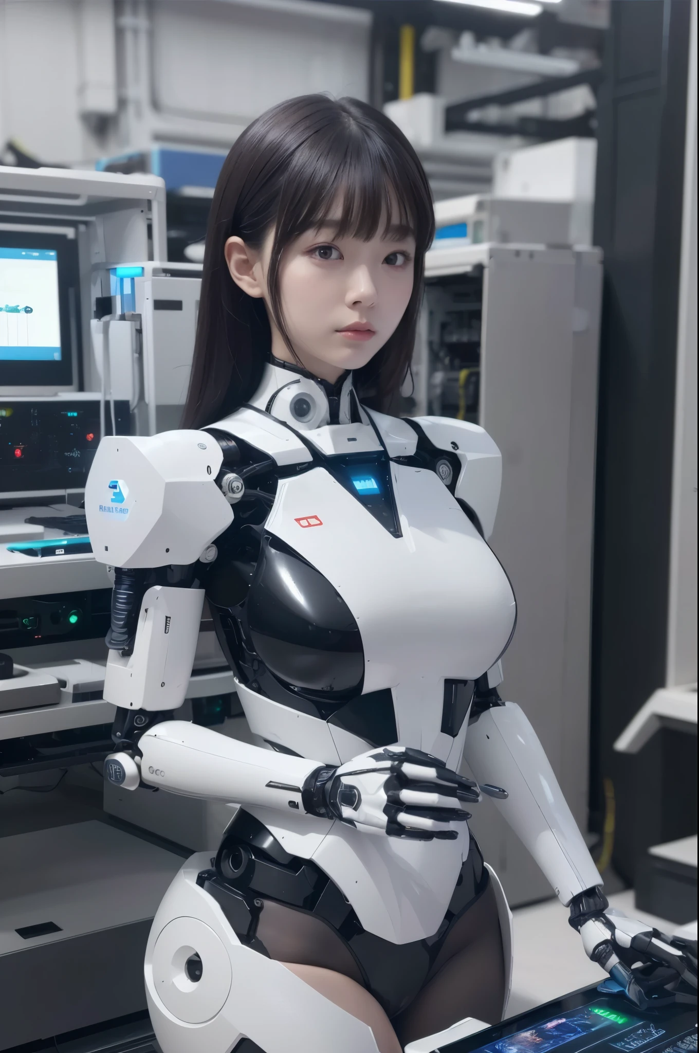 masterpiece, best quality, extremely detailed, (8K, 4K, Best Quality, hight resolution, 超A high resolution:1.1), 8K portrait,1girl in, Japaese android girl,android teacher,Plump , control panels,android,Droid,Mechanical Hand, ,Robot arms and legs, Black hair,Mechanical body,Blunt bangs,White Robotics Parts,perfect robot woman,Charging spot,Long Tube,A thick cable was connected to her neck,ceramic body ,android,robot humanoid,a bit chubby,panty,full eyes,perfect mechanical body,white robotics body,future assembly plant,white body,She has repaired,black sponge joints,android assembly plant,android,laboratory,platform boots,perfect machine body,white robot body,