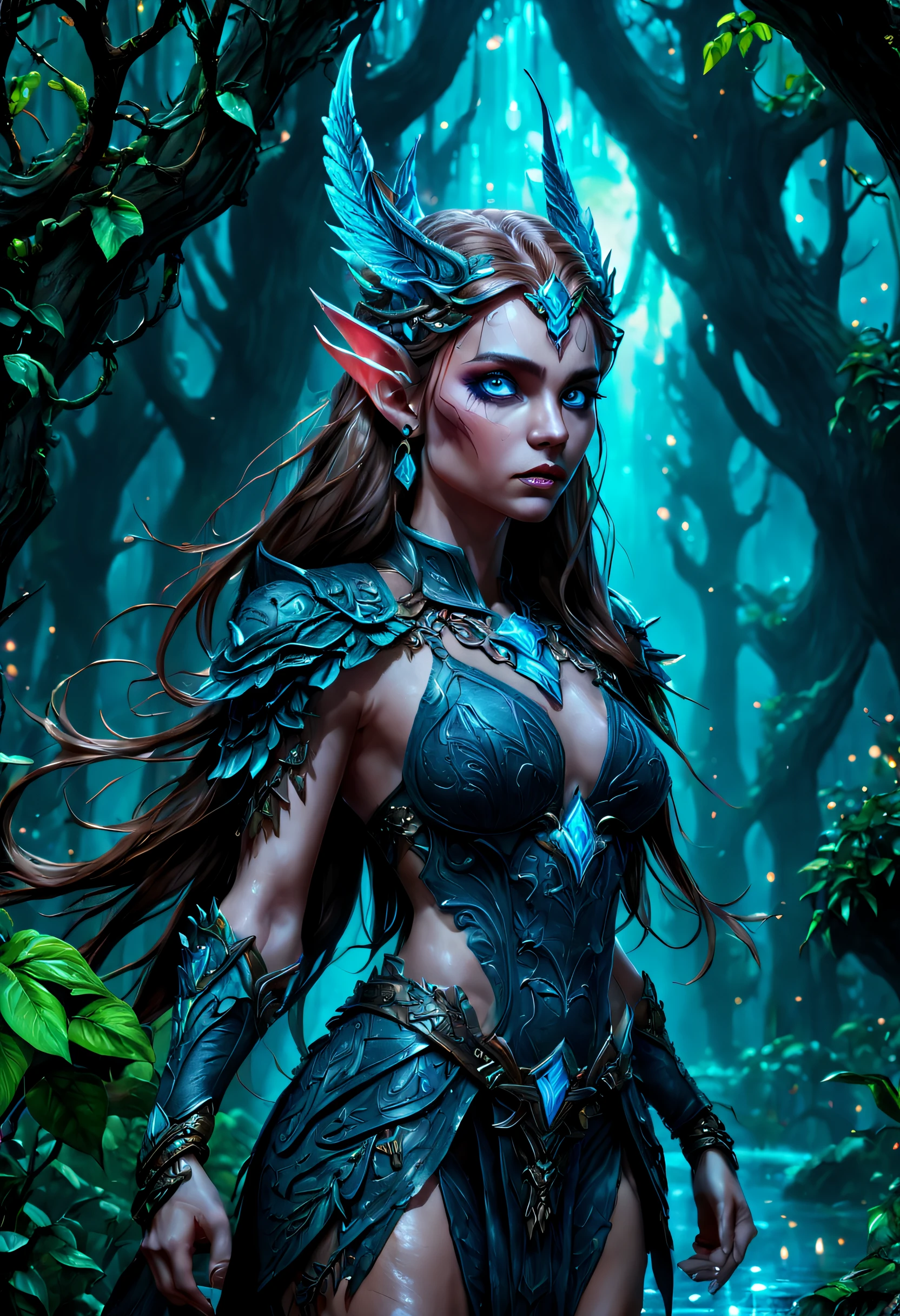 high details, best quality, 16k, [ultra detailed], masterpiece, best quality, (extremely detailed), drkfntasy, blacklight makeup dynamic angle, ultra wide shot, RAW, photorealistic, fantasy art, realistic art, a female elf druid  (intricate details, Masterpiece, best quality: 1.5) in a jungle, a female elf wearing leather clothes  intricate details, Masterpiece, best quality: 1.4), leather boots, thick hair, long hair, brown hair, intense blue eyes, small pointes ears, vibrant jungle (intense details) glowing particle, plenty of plant life, glowing vines GlowingRunesAI_pink coming from trees glowing particle,  many jungle trees (1.3 intricate details, Masterpiece, best quality), vines, a river flowing, light reflected in the water, sun light, dynamic light. dynamic angle, (intricate details, Masterpiece, best quality: 1.5) , 2.5 rendering, high details, best quality, highres, ultra wide angle