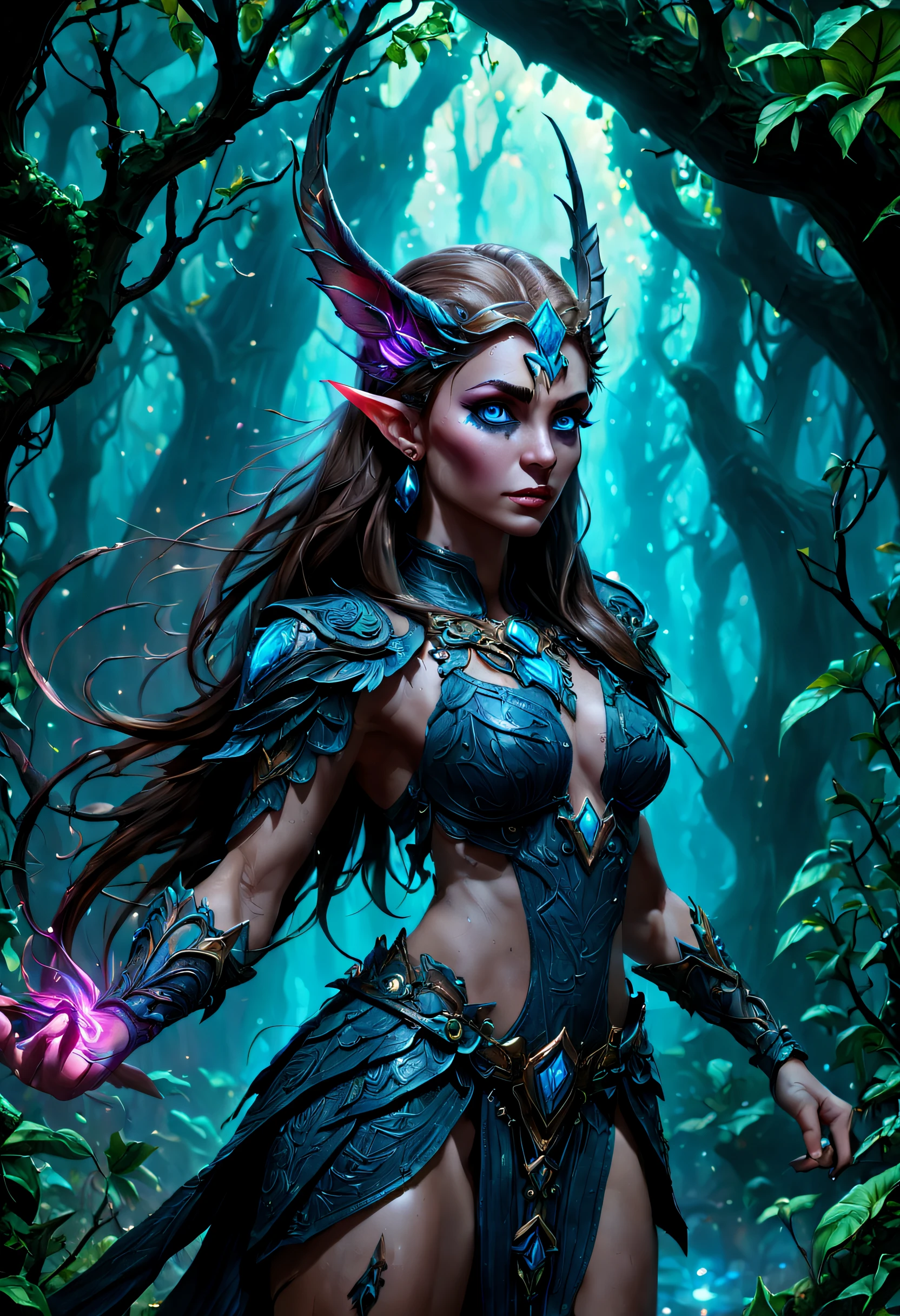 high details, best quality, 16k, [ultra detailed], masterpiece, best quality, (extremely detailed), drkfntasy, blacklight makeup dynamic angle, ultra wide shot, RAW, photorealistic, fantasy art, realistic art, a female elf druid  (intricate details, Masterpiece, best quality: 1.5) in a jungle, a female elf wearing leather clothes  intricate details, Masterpiece, best quality: 1.4), leather boots, thick hair, long hair, brown hair, intense blue eyes, small pointes ears, vibrant jungle (intense details) glowing particle, plenty of plant life, glowing vines GlowingRunesAI_pink coming from trees glowing particle,  many jungle trees (1.3 intricate details, Masterpiece, best quality), vines, a river flowing, light reflected in the water, sun light, dynamic light. dynamic angle, (intricate details, Masterpiece, best quality: 1.5) , 2.5 rendering, high details, best quality, highres, ultra wide angle