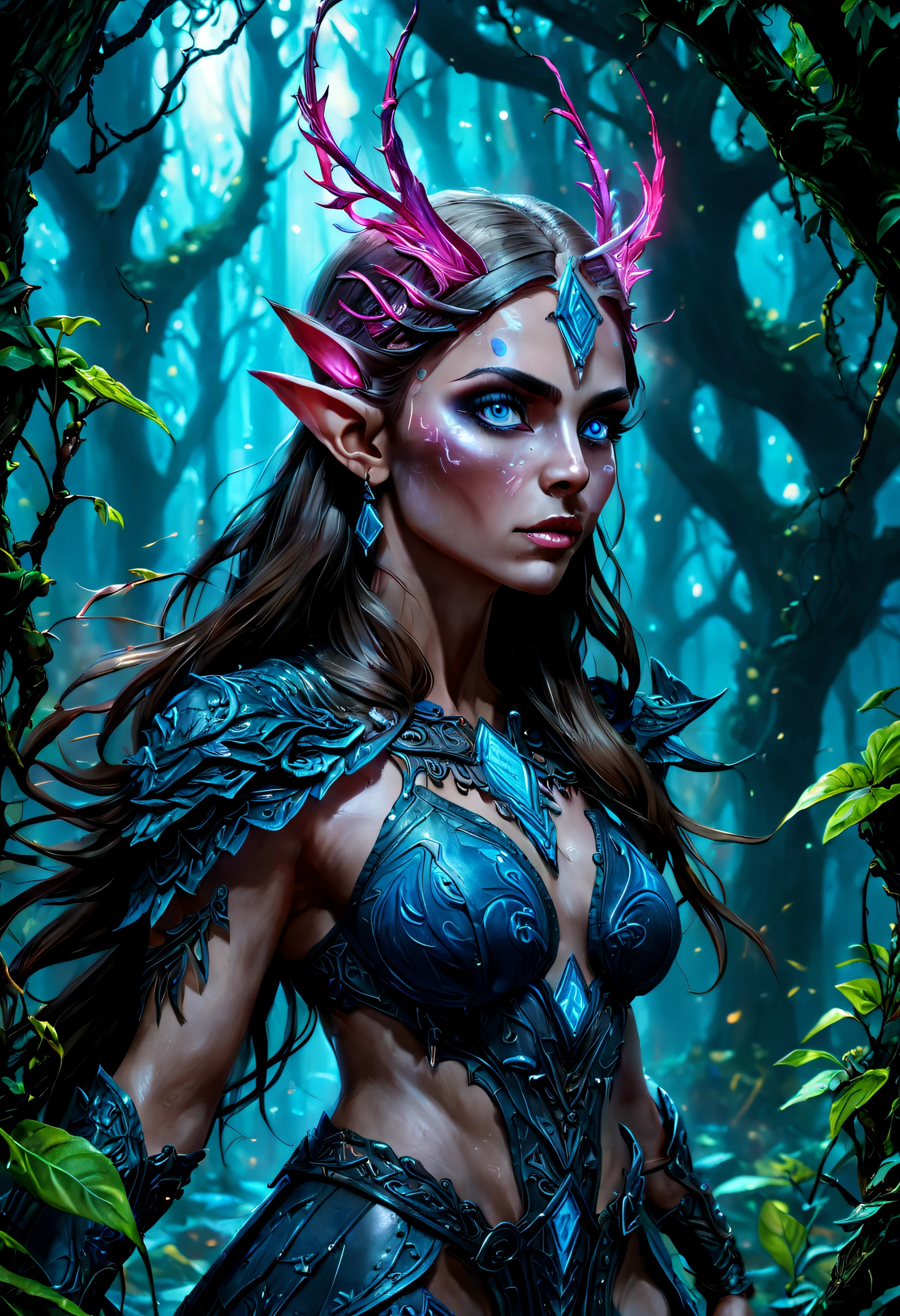 high details, best quality, 16k, [ultra detailed], masterpiece, best quality, (extremely detailed), drkfntasy, blacklight makeup dynamic angle, ultra wide shot, RAW, photorealistic, fantasy art, realistic art, a female elf druid  (intricate details, Masterpiece, best quality: 1.5) in a jungle, a female elf wearing leather clothes  intricate details, Masterpiece, best quality: 1.4), leather boots, thick hair, long hair, brown hair, intense blue eyes, small pointes ears, vibrant jungle (intense details) glowing particle, plenty of plant life, glowing vines GlowingRunesAI_pink coming from trees glowing particle,  many jungle trees (1.3 intricate details, Masterpiece, best quality), vines, a river flowing, light reflected in the water, sun light, dynamic light. dynamic angle, (intricate details, Masterpiece, best quality: 1.5) , 2.5 rendering, high details, best quality, highres, ultra wide angle
