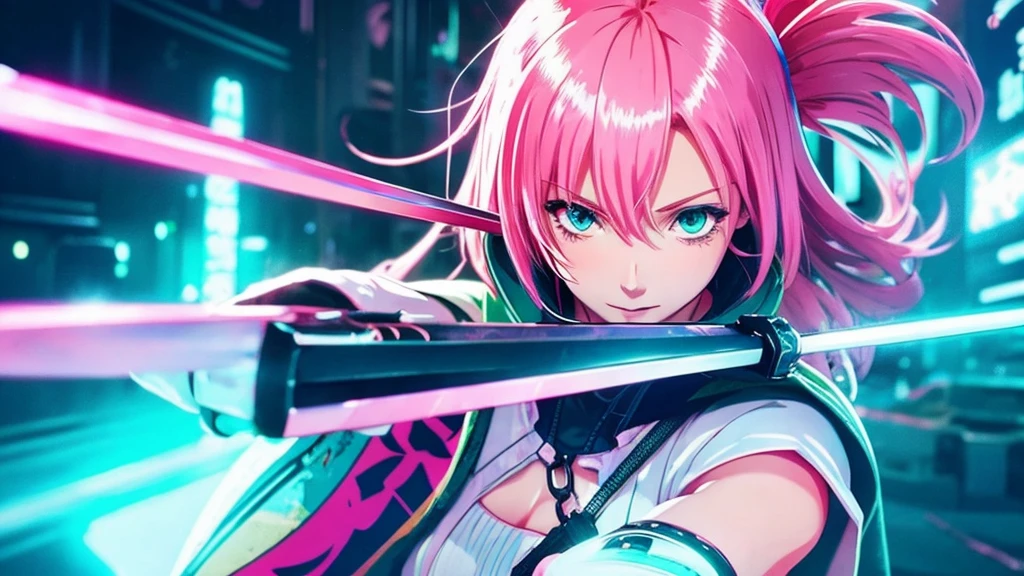 A beautiful anime-style, cyberpunk-style pink-haired girl holds a sword.、Computer wallpaper based on red, green and blue