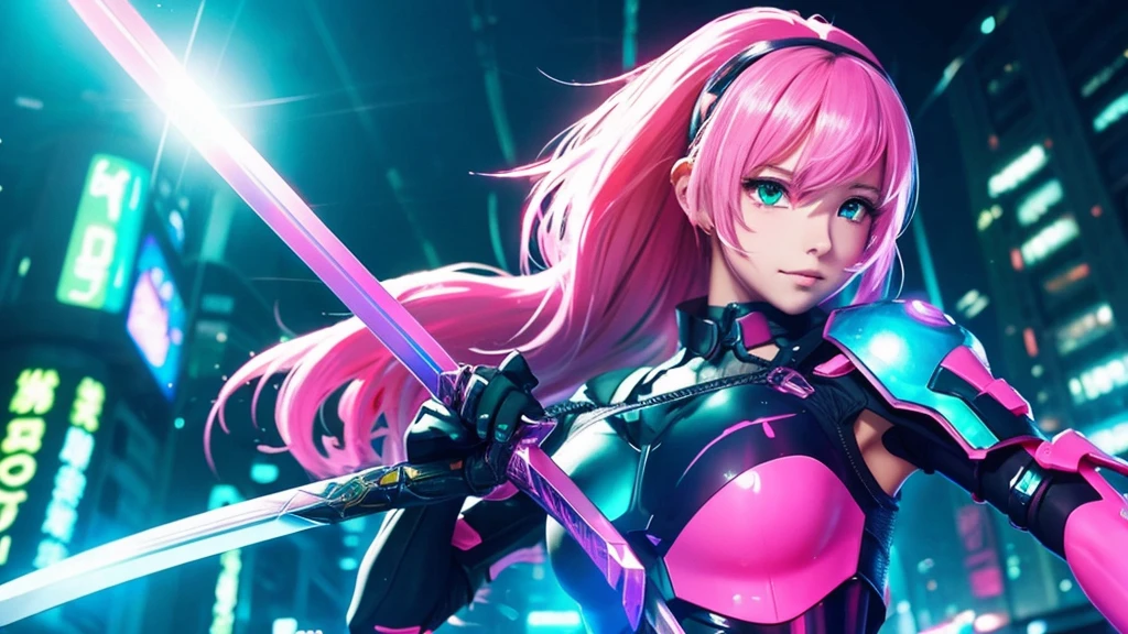 A beautiful anime-style, cyberpunk-style pink-haired girl holds a sword.、Computer wallpaper based on red, green and blue