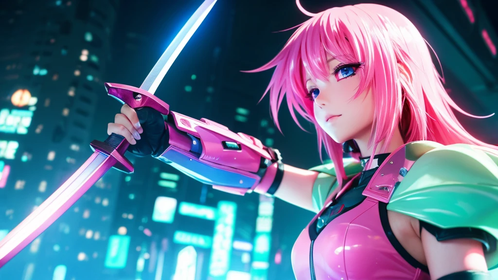 A beautiful anime-style, cyberpunk-style pink-haired girl holds a sword.、Computer wallpaper based on red, green and blue
