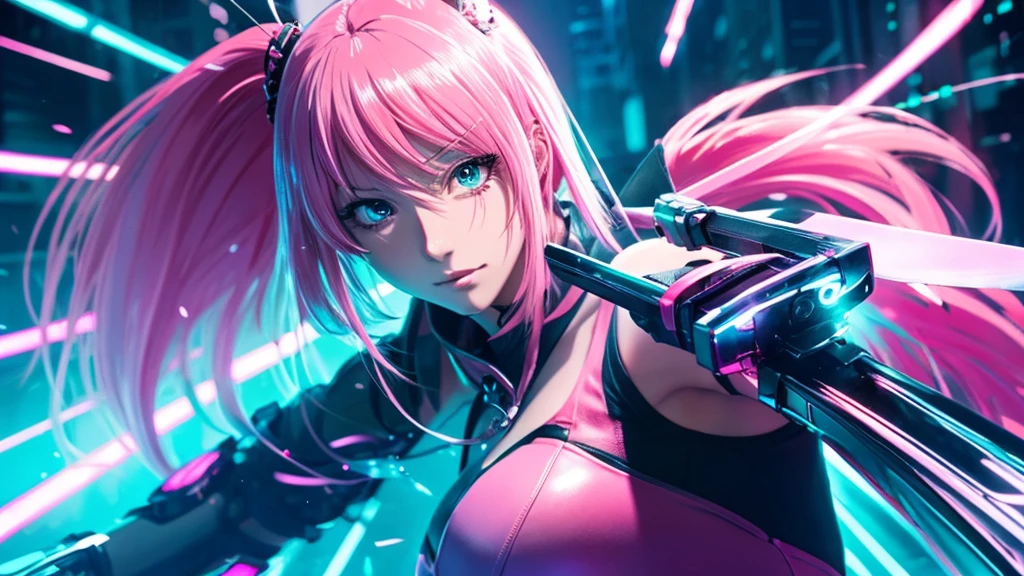 A beautiful anime-style, cyberpunk-style pink-haired girl holds a sword.、Computer wallpaper based on red, green and blue