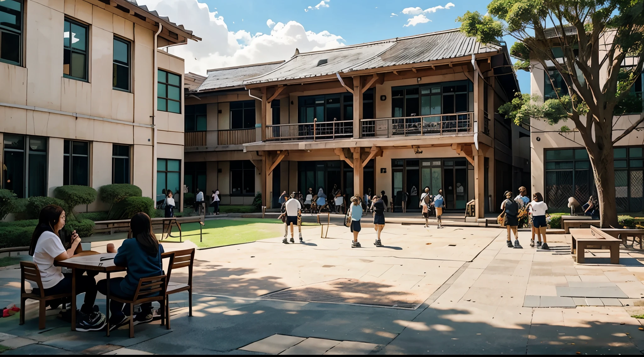 Anime, 2d, personality: [Illustrate a wide shot of a bustling school courtyard, filled with students. The courtyard should be vibrant and lively, with students sitting on benches, walking in groups, and engaged in conversations. Convey a sense of energy and activity in the scene]