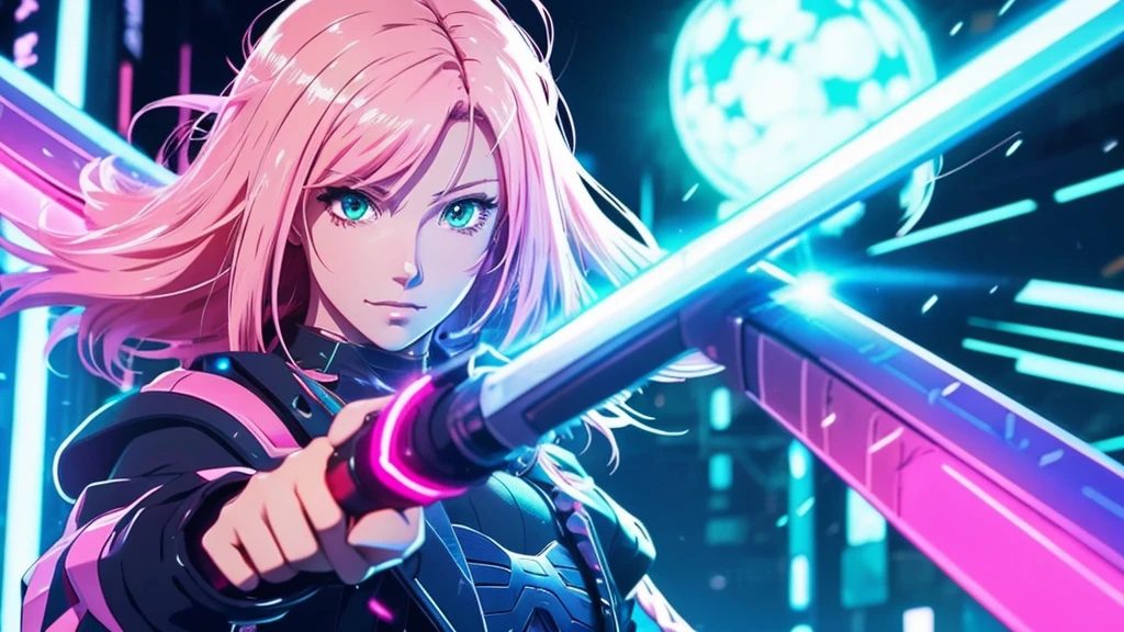 An anime-style, lively cyberpunk-style beautiful girl with light pink hair holds a sword.、Computer wallpaper based on red, green and blue