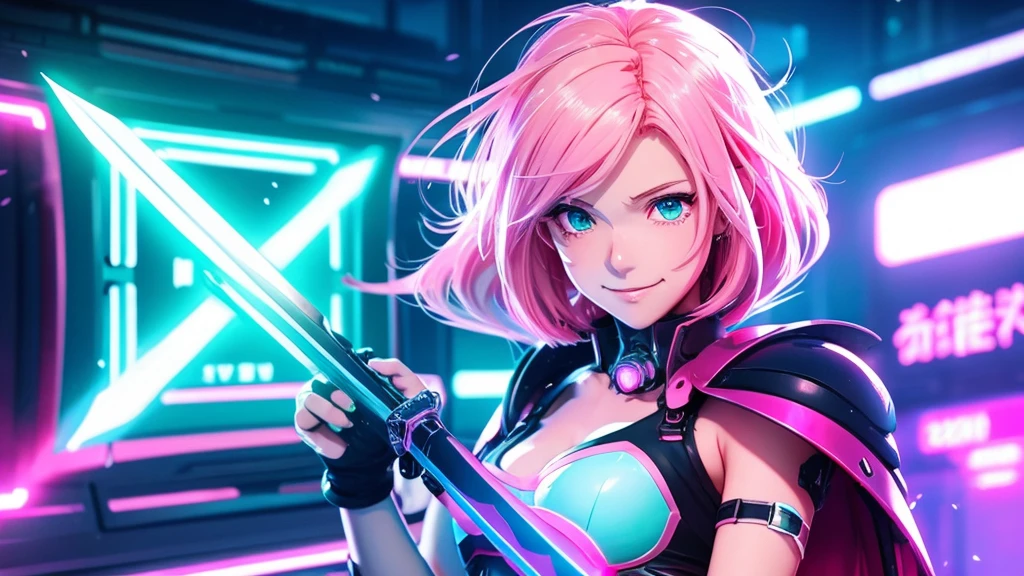 An anime-style, lively cyberpunk-style beautiful girl with light pink hair holds a sword.、Computer wallpaper based on red, green and blue