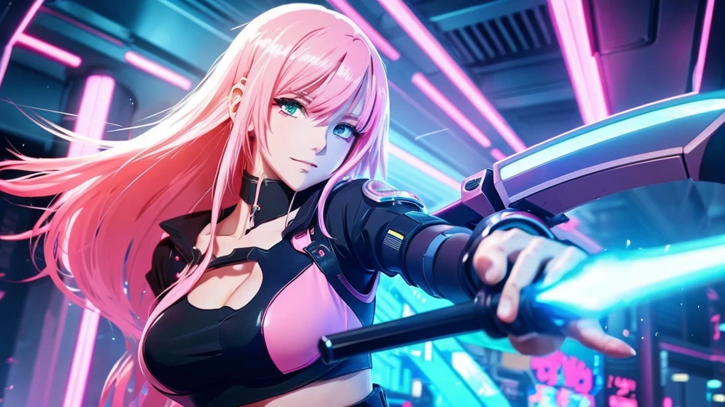 An anime-style, lively cyberpunk-style beautiful girl with light pink hair holds a sword.、Computer wallpaper based on red, green and blue