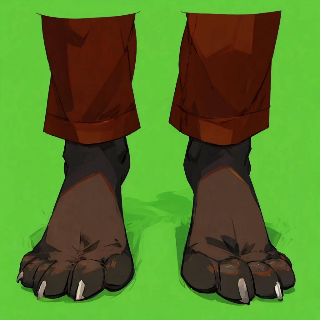 Generate a high-quality image of paws under red pants. The paws is slightly wider feet positioning. The pants should have realistic lighting and shadows to add depth and dimension to the image. The black furry paws should have white nails and a well-defined texture. The background should be neutral or complementary to the overall composition. Ensure that the image has a professional and polished appearance