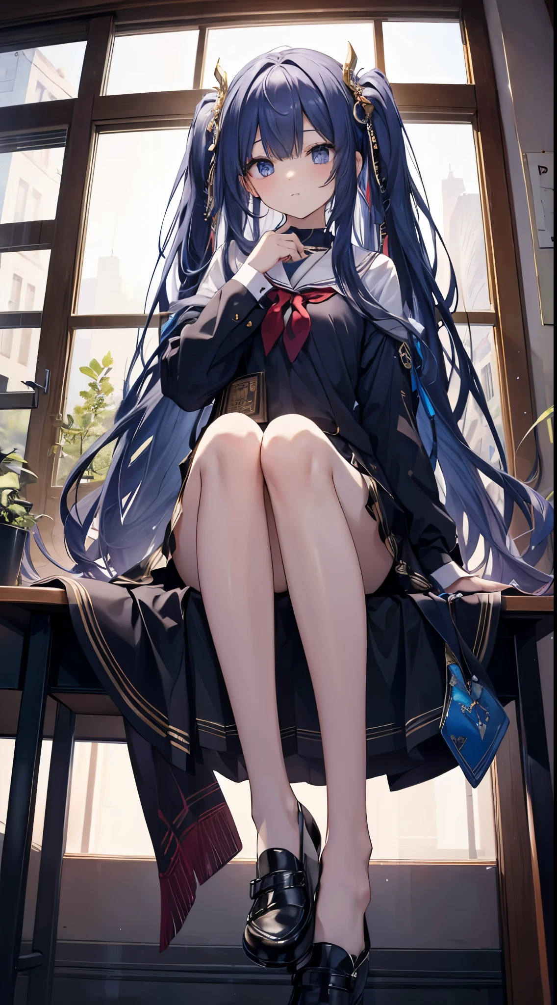 Masterpiece Top Quality High Resolution、Long hair, Sit with your knees bent、Eight-headed body、beauty legs 、in a school、As if looking up from below、Ashamed