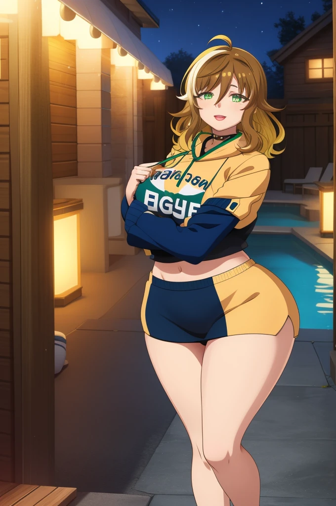 amicia michella - nijisanji, anime style, 1boyl, brown short hair, yellow inner hair, wavy hair, green eyes, detailed eyes, midriff, girly face, seductive, thin lips, painted lips, shy smile face, wide hips, thick thighs, huge round ass, medium breast, full body, dynamic pose, night pool, nsfw