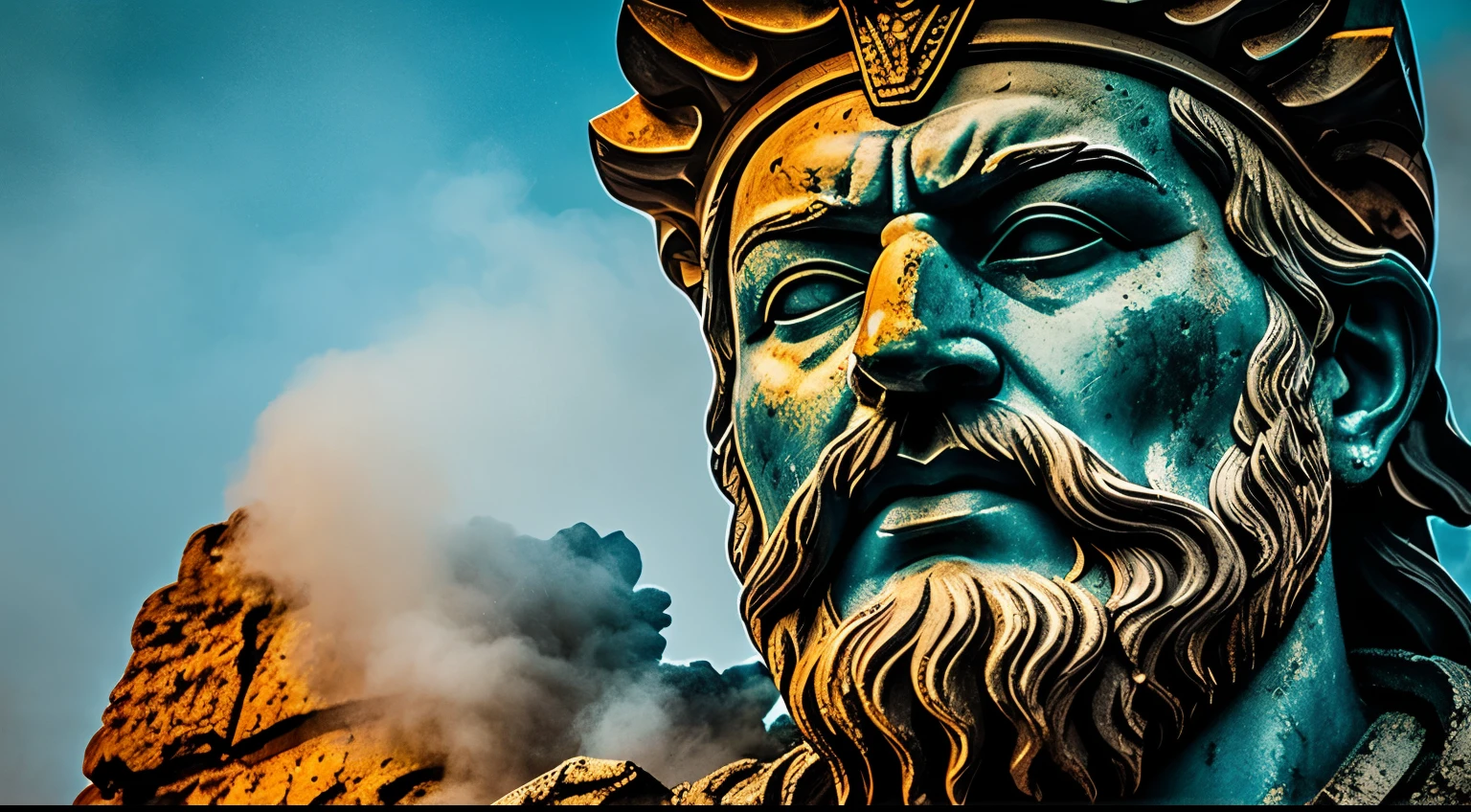 Crie uma imagem, formato 8K 16:9, Of a stoic warrior, being consumed by bluish smoke. The statue should exude a sense of realism and be colored in golden hues. O fundo deve ter muitas ruinas, montanhas e pedras.