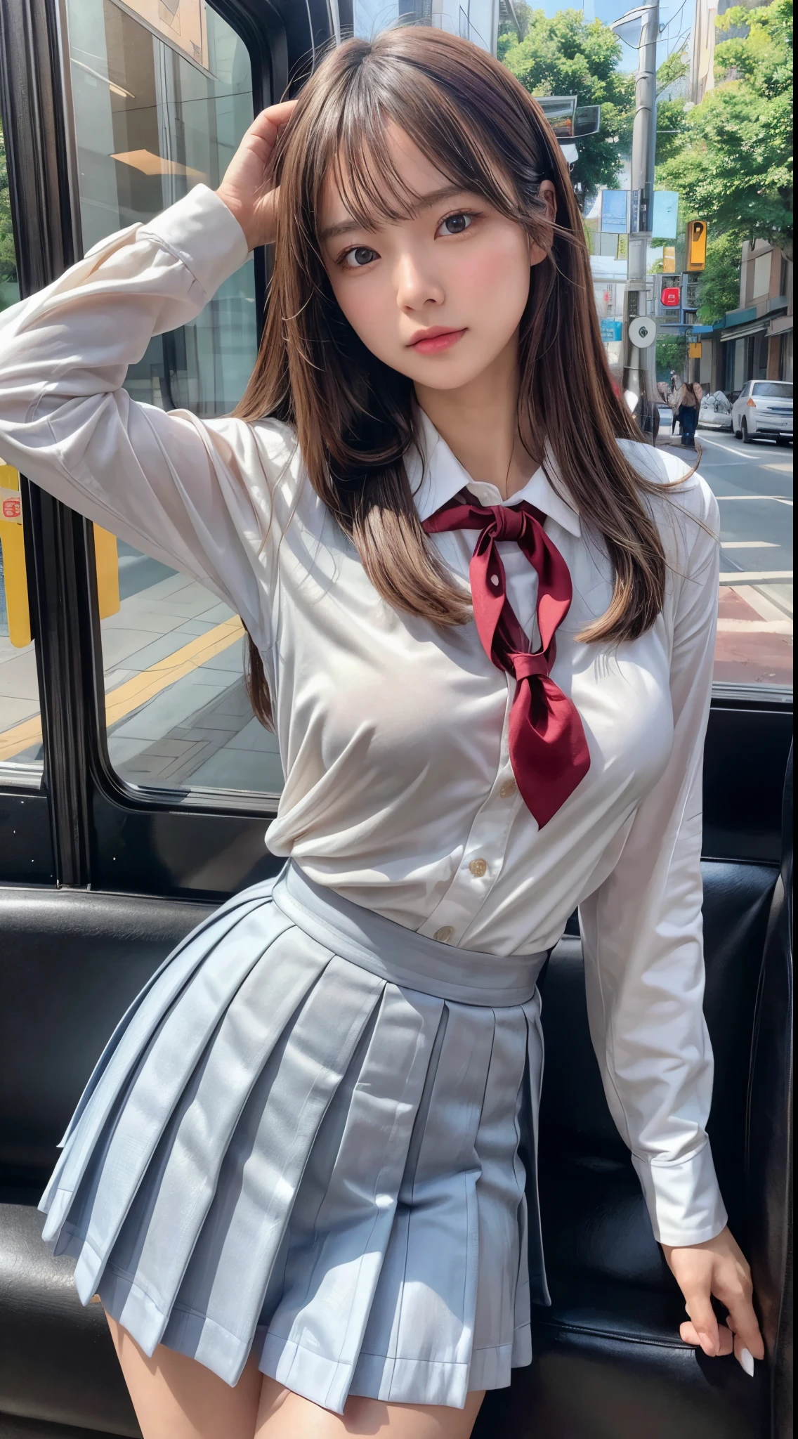 masterpiece, best quality, high quality, detailed, ultra detailed, hyper detailed, insanely detailed, exquisite, beautiful, 4K, 8K, absurdres, highres, a girl, shy, embarrassed, hands on head, looking at viewer, long hair, straight hair, shiny hair, brown hair, tareme, droopy eyes, shiny skin, detailed skin, detailed face, glamorous, beautiful breasts, beautiful ass, (idol, school uniform:1.3), cute face, delicate facial features, japanese idol, curvy, 20-year-old, japanese, in the bus, photorealistic, ultra realistic photo, realistic portrait, raw photo, real person, nsfw, cowboy shot, dynamic angle, sharpen, best light, depth of field
