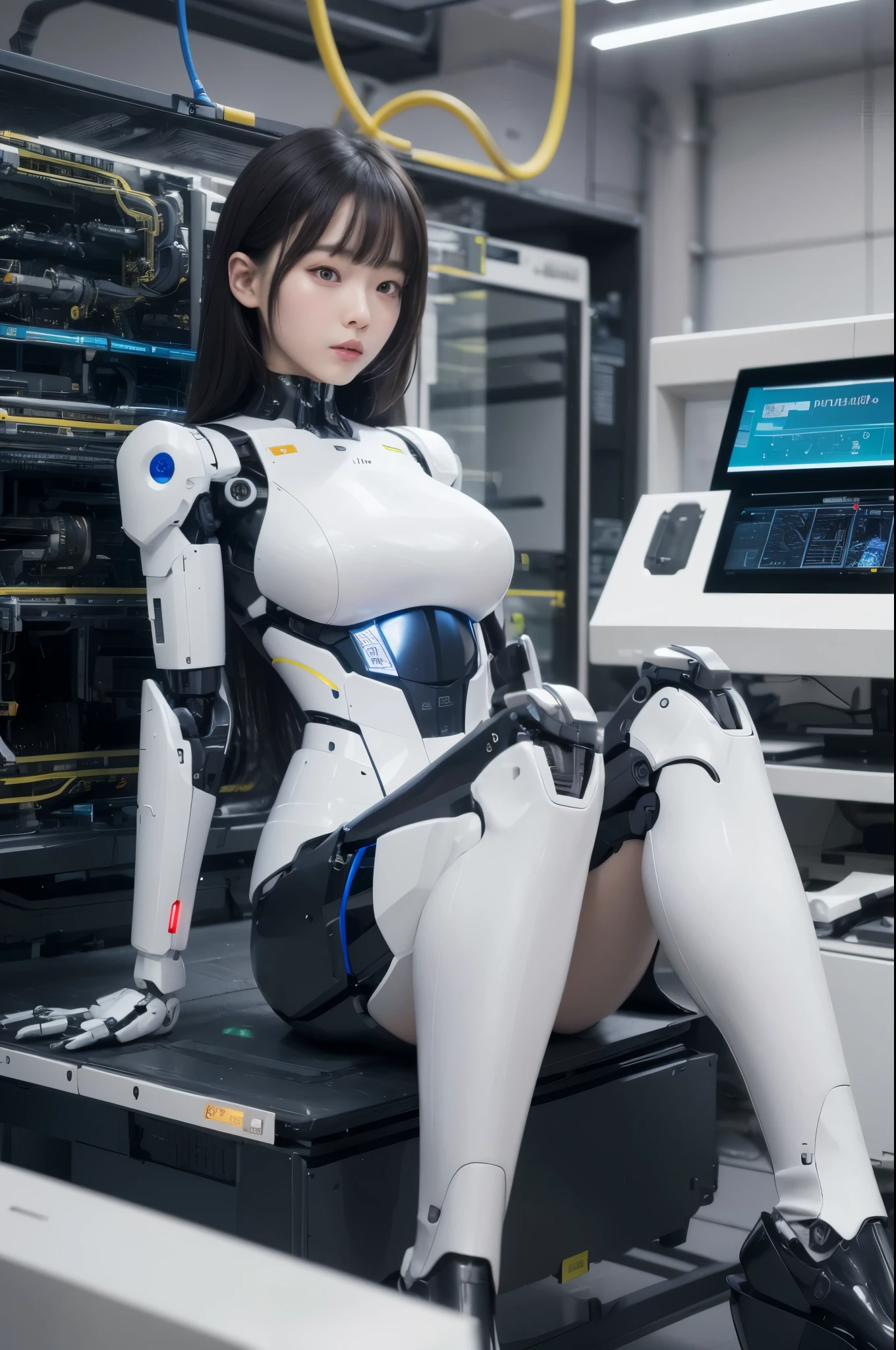 masterpiece, best quality, extremely detailed, (8K, 4K, Best Quality, hight resolution, 超A high resolution:1.1), 8K portrait,1girl in, Japaese android girl,android teacher,Plump , control panels,android,Droid,Mechanical Hand, ,Robot arms and legs, Black hair,Mechanical body,Blunt bangs,White Robotics Parts,perfect robot woman,Charging spot,Long Tube,A thick cable was connected to her neck,ceramic body ,android,robot humanoid,a bit chubby,panty,full eyes,perfect mechanical body,white robotics body,future assembly plant,white body,She has repaired,black sponge joints,android assembly plant,android,laboratory,platform boots,perfect machine body,white robot body,
