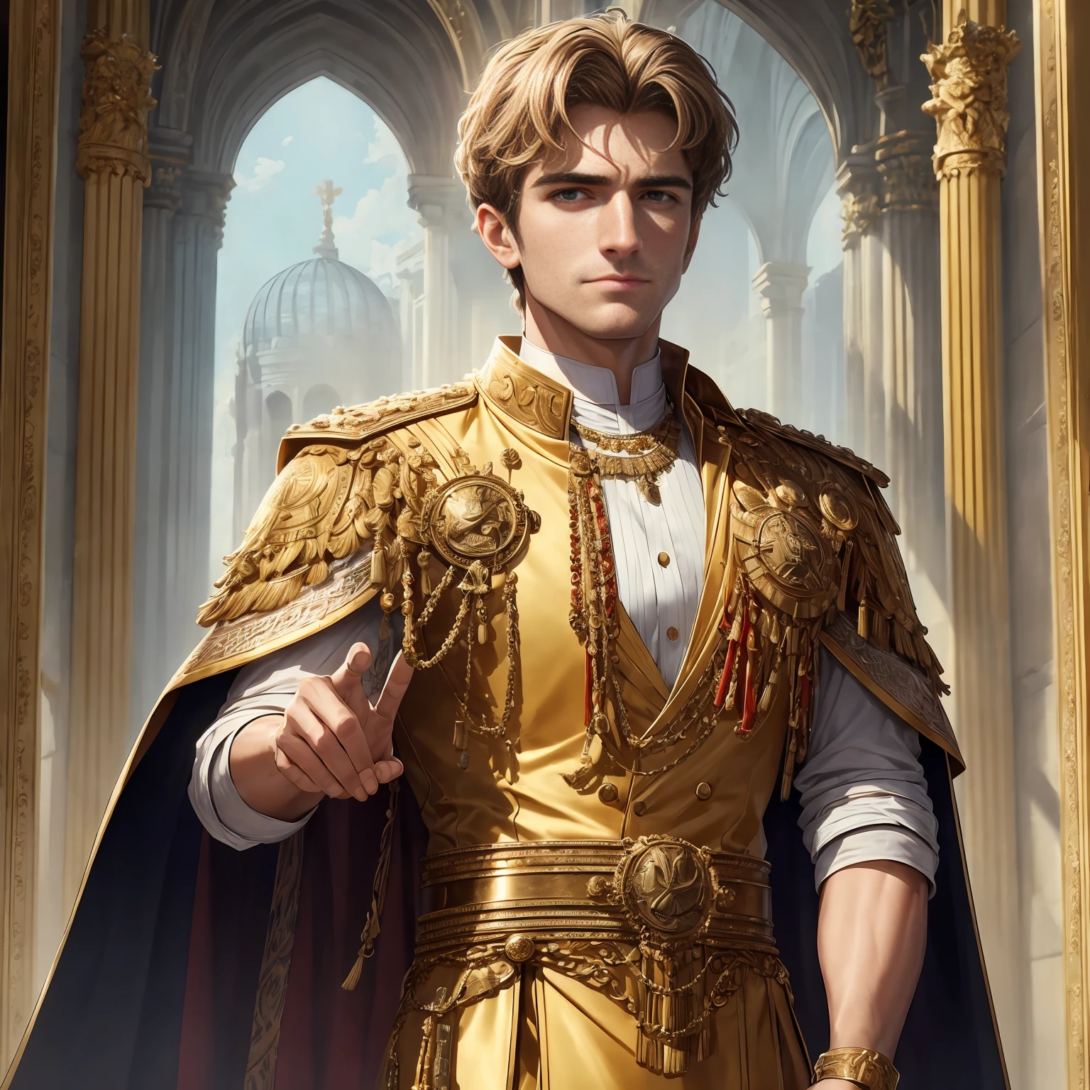 (best quality,4k,8k,highres,masterpiece:1.2), ultra-detailed, realistic:1.37, constantine the great ,portraits, vivid colors, ancient emperor revival, modern style, Lionheart, confident expression, powerful posture, aged armor, intricate details, regal robe, dignified aura, ancient capital backdrop, golden sunlight, dramatic shadows, subtle color grading