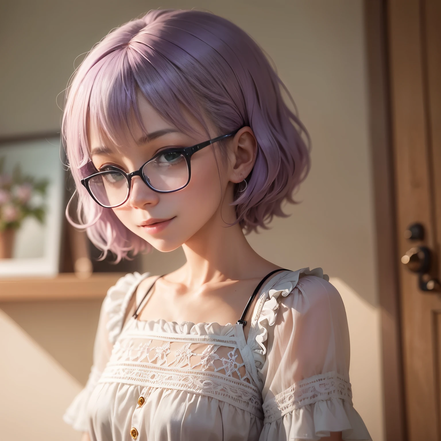 Light purple hair, green colored eyes, Illustration of a chibi girl, wearing a lilac and pink dress, Short hair, with glasses, Smiling, Rendered by Pixar on a white background, 16 K, highly rendered, nursery art --auto --s2