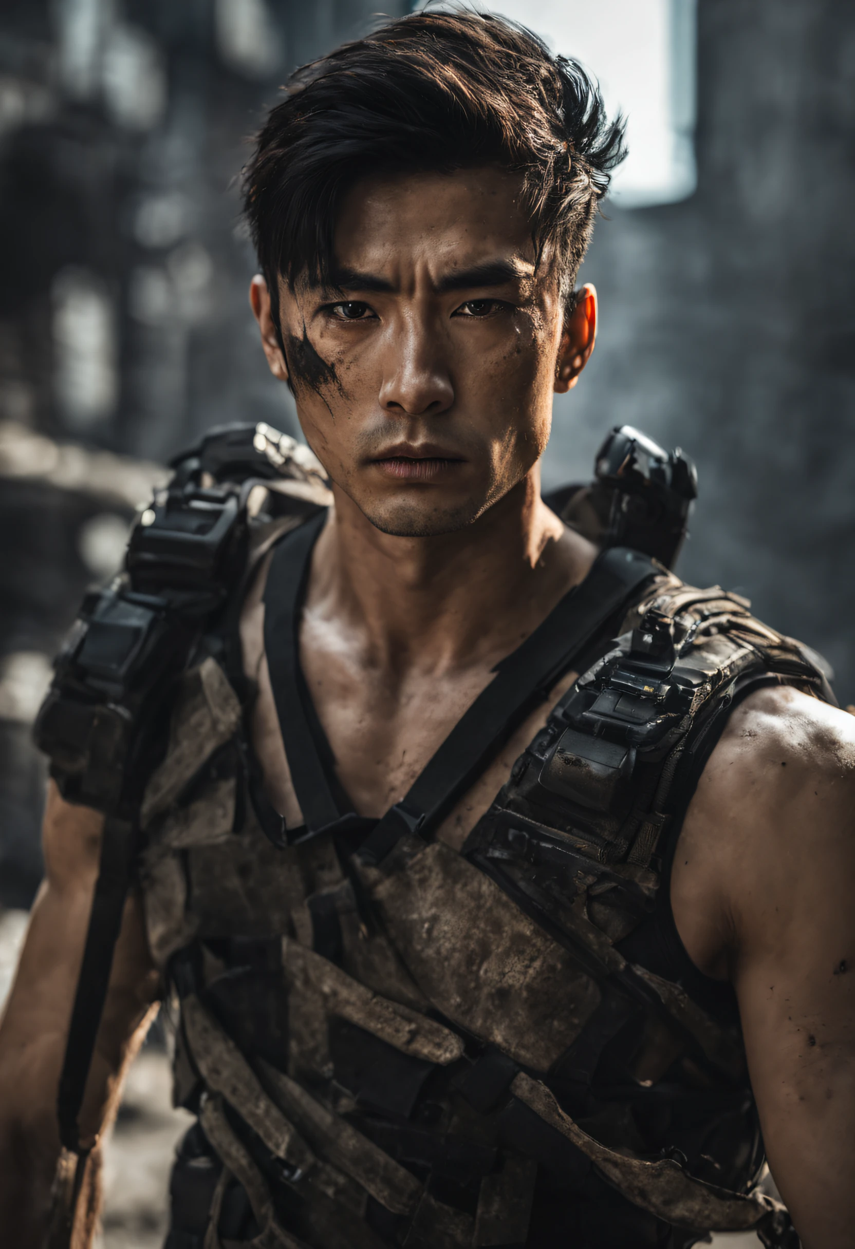 (Best quality at best,4K,ultra - detailed),(actual:1.37),(A high resolution,photoactual)sportrait,asian male model,Attractive,Black combat uniform,kurzes dunkles Haar,黑The eye,Orange goggles,Desolate post-apocalyptic background,dramatic lights,Tenacious style,vivd colour,ruined cityscapes,serious expressions,Strong gaze,There are scars on the face,strong facial features,Sharp chin line,Subtle smoke effect,Vivid Contrast,Sinister atmosphere,confident pose,musculous,city in ruins,crumbling buildings,Dust and debris in the air, decay,Semi-blurred background,tough texture,Hints of danger and mystery.