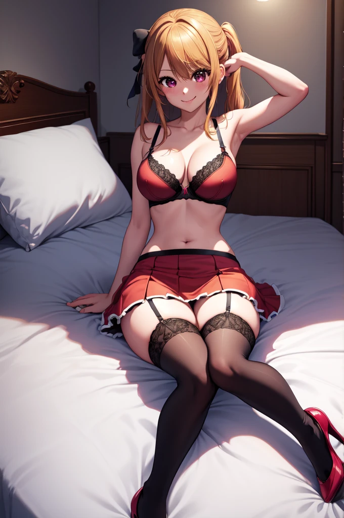 anime, beautiful face, highly detailed face, 2 accurate legs detailed eyes, highly detailed background, perfect lighting, accurate arms, accurate hands, accurate fingers, full body, 1girl, solo, ruby hoshino, oshi no ko, indoors, heels, thighhighs, garter stockings, bedroom, on a bed, absurdres, high res, ultrasharp, 8K, masterpiece, looking at viewer (sexy pose:1.2), (full body:1.4), smiling with compassion, loving smile, nearly nude, wearing miniskirt, wearing bra, wearing panties, cowgirl position, cowgirl position on the bed, facing viewer, body facing away from the viewer, side body angle, both hands on boobs, holding both breasts, feeling her both breasts